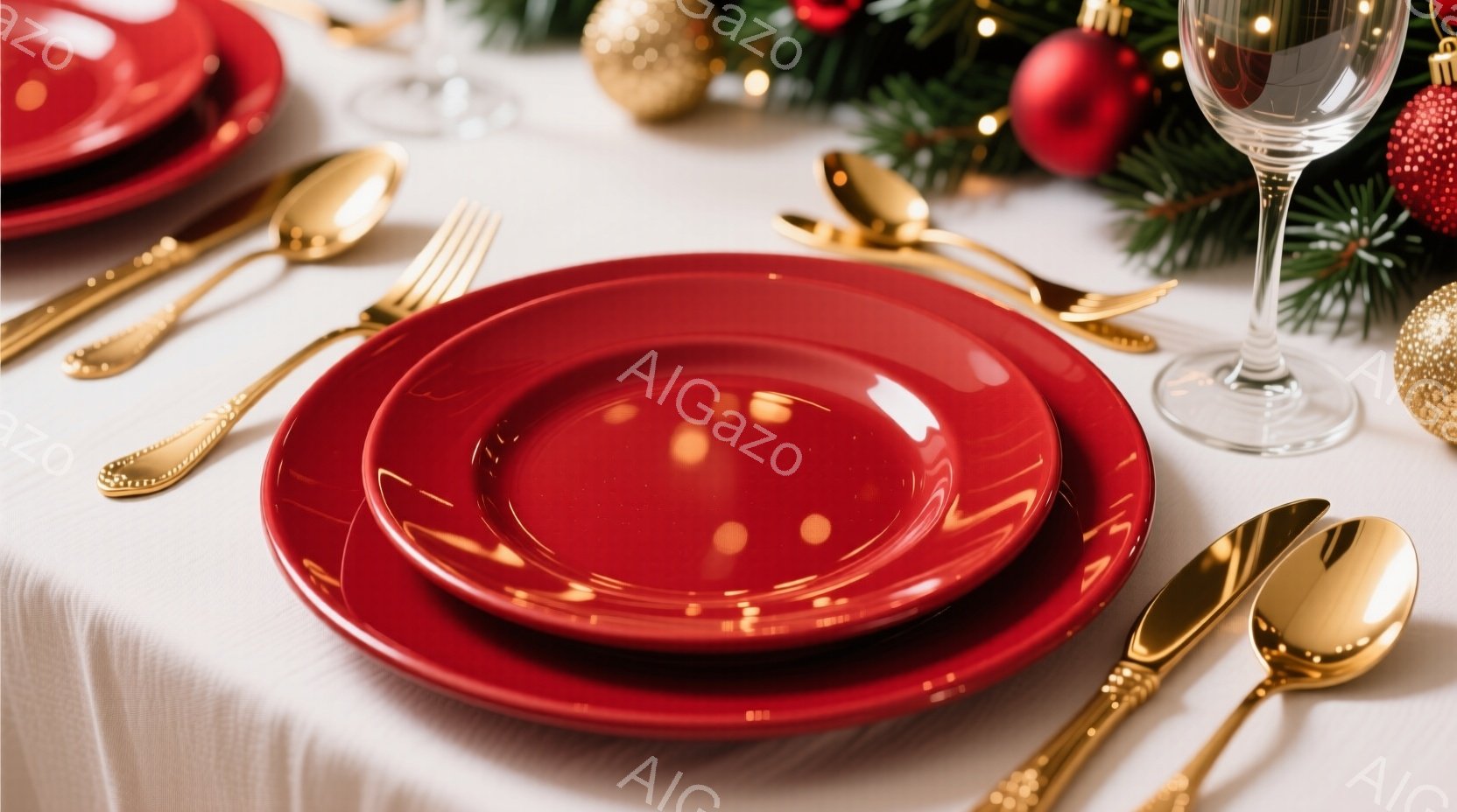 白いテーブルクロスの上に、深紅色の皿が重ねて置かれています。金色のカトラリー（フォーク、ナイフ、スプーン）が皿の周りに配置され、背景にはクリスマスの飾り付け（オーナメント、松葉）が見えます。全体的に華やかで、クリスマスや特別な日の食事の準備を連想させる雰囲気です。