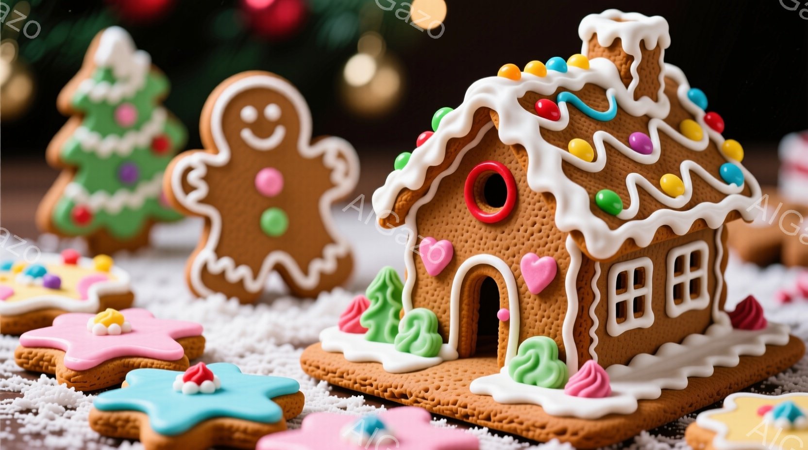 ジンジャーブレッドクッキーが雪の上に並べられています。クリスマスの飾り付けが施されたクッキーは、家、人、そして星形など、様々な形をしており、カラフルなアイシングで装飾されています。背景にはぼやけた光のぼかしがあり、全体的に暖かく、お祝いの雰囲気です。