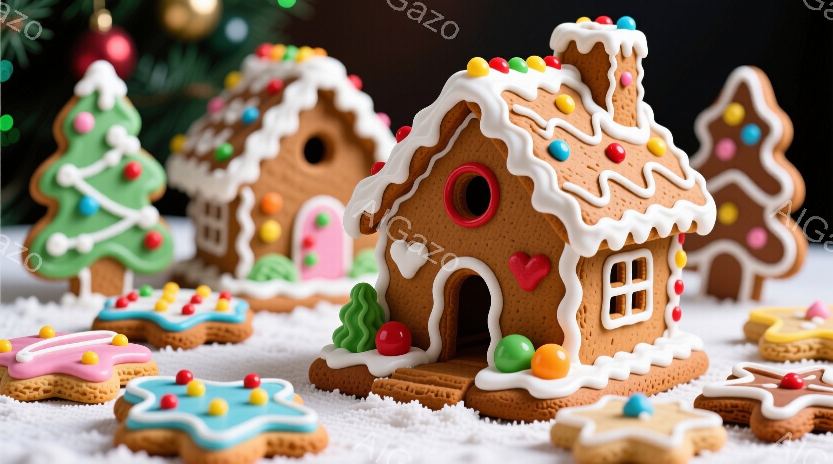 画像には、クリスマスをテーマにしたジンジャーブレッドのお菓子がいくつか写っています。様々な形、特に家やクリスマスツリーの形をしており、カラフルなアイシングやキャンディで飾られています。背景には白い雪のようなものが敷き詰められ、お菓子たちがまるで雪景色の中にいるかのような雰囲気を醸し出しています。