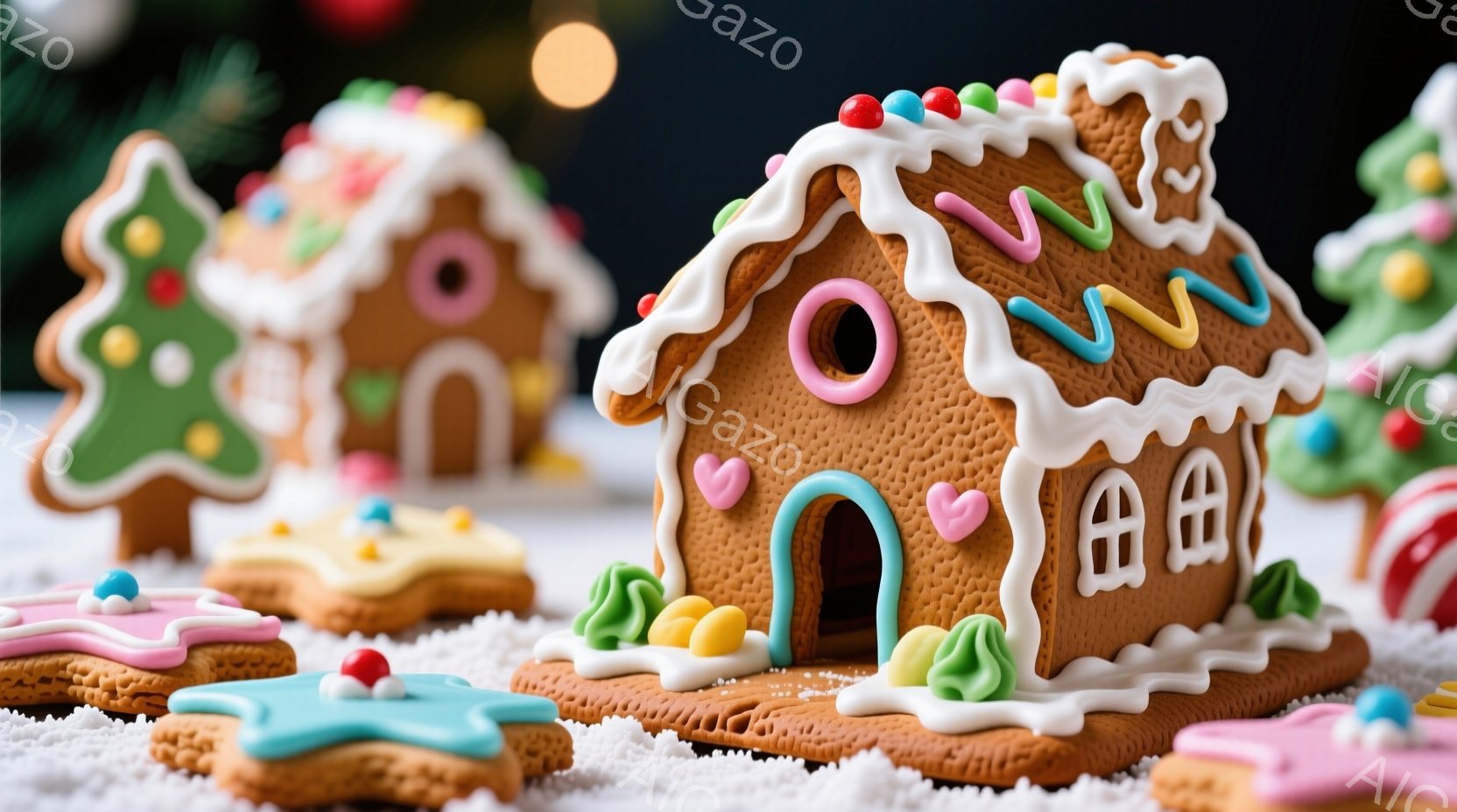 ジンジャーブレッドで作られた可愛らしいお菓子の家々が、白い砂糖のような雪の上に並んでいます。各家はカラフルなアイシングで装飾され、窓やドア、屋根には様々な模様が描かれています。背景にはぼやけたクリスマスツリーが見え、全体的に暖かく、お祝いムードを醸し出しています。