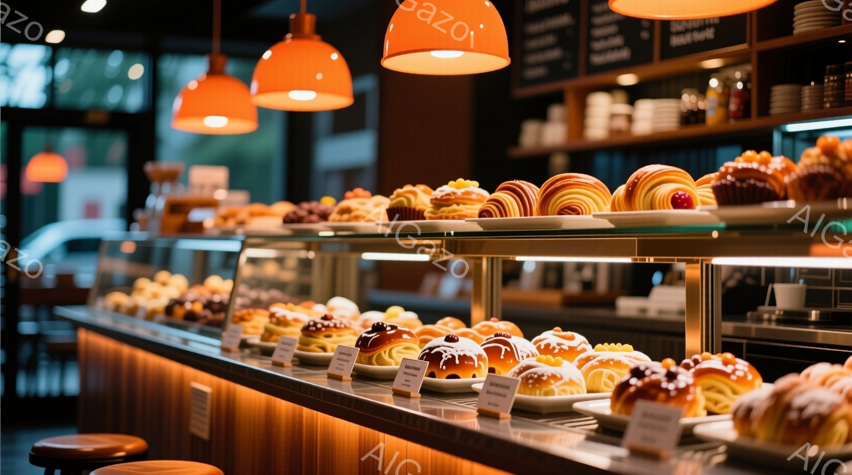 店内には、色とりどりのペストリーやパンが並んだショーケースが印象的です。温かい光がショーケースを照らし、焼き立てのパンの香ばしい香りが漂っているかのようです。背景にはぼやけたカフェの様子が見え、落ち着いた雰囲気の中で焼き菓子を楽しむ空間を想像させます。
