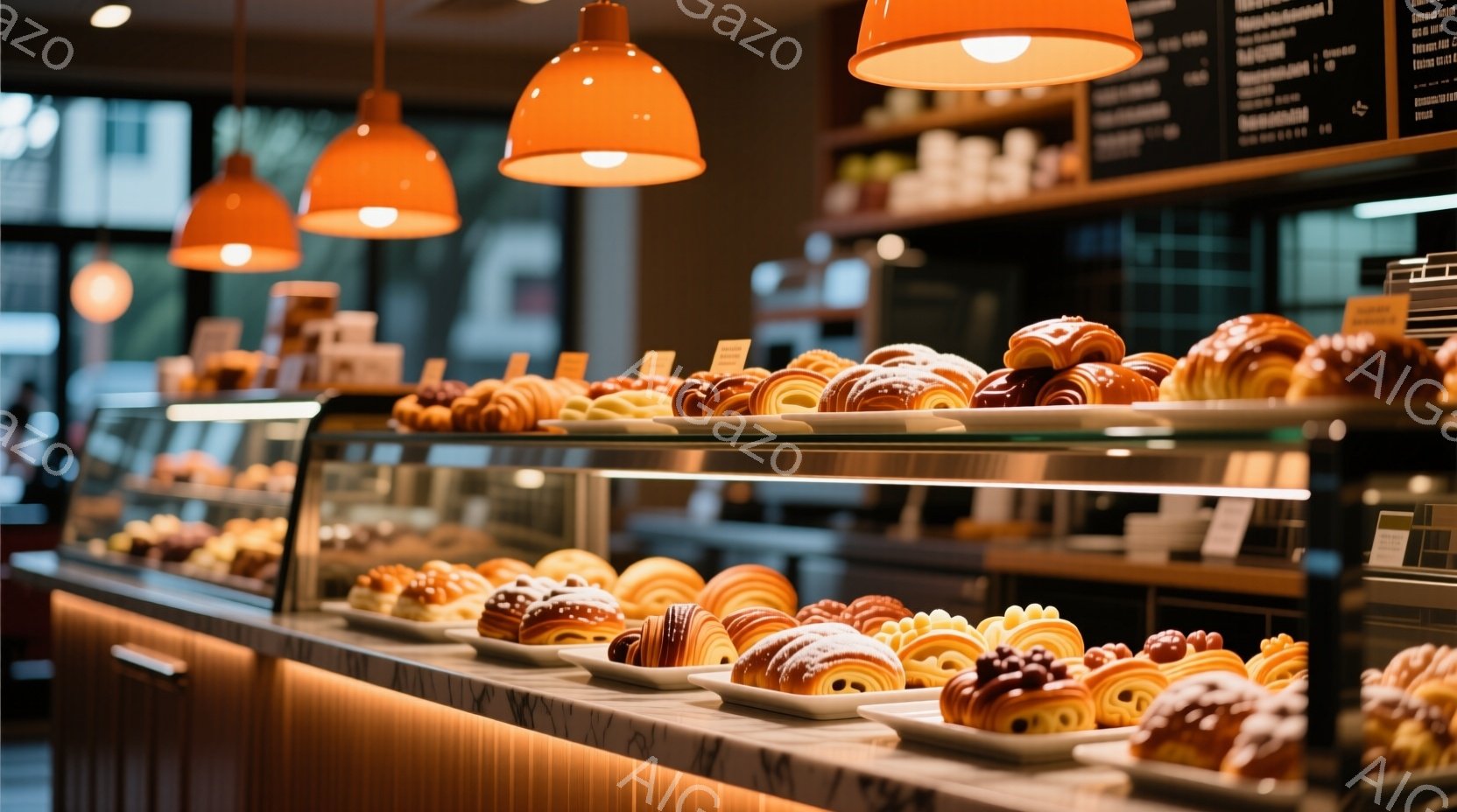 店内には、様々な種類のクロワッサンやペストリーが整然と並べられたショーケースが写っている。温かい光がショーケースを照らし、焼き菓子の黄金色を際立たせている。背景には黒板に書かれたメニューや、ぼんやりとした店内の様子が見え、全体的に落ち着いた、食欲をそそる雰囲気が漂っている。