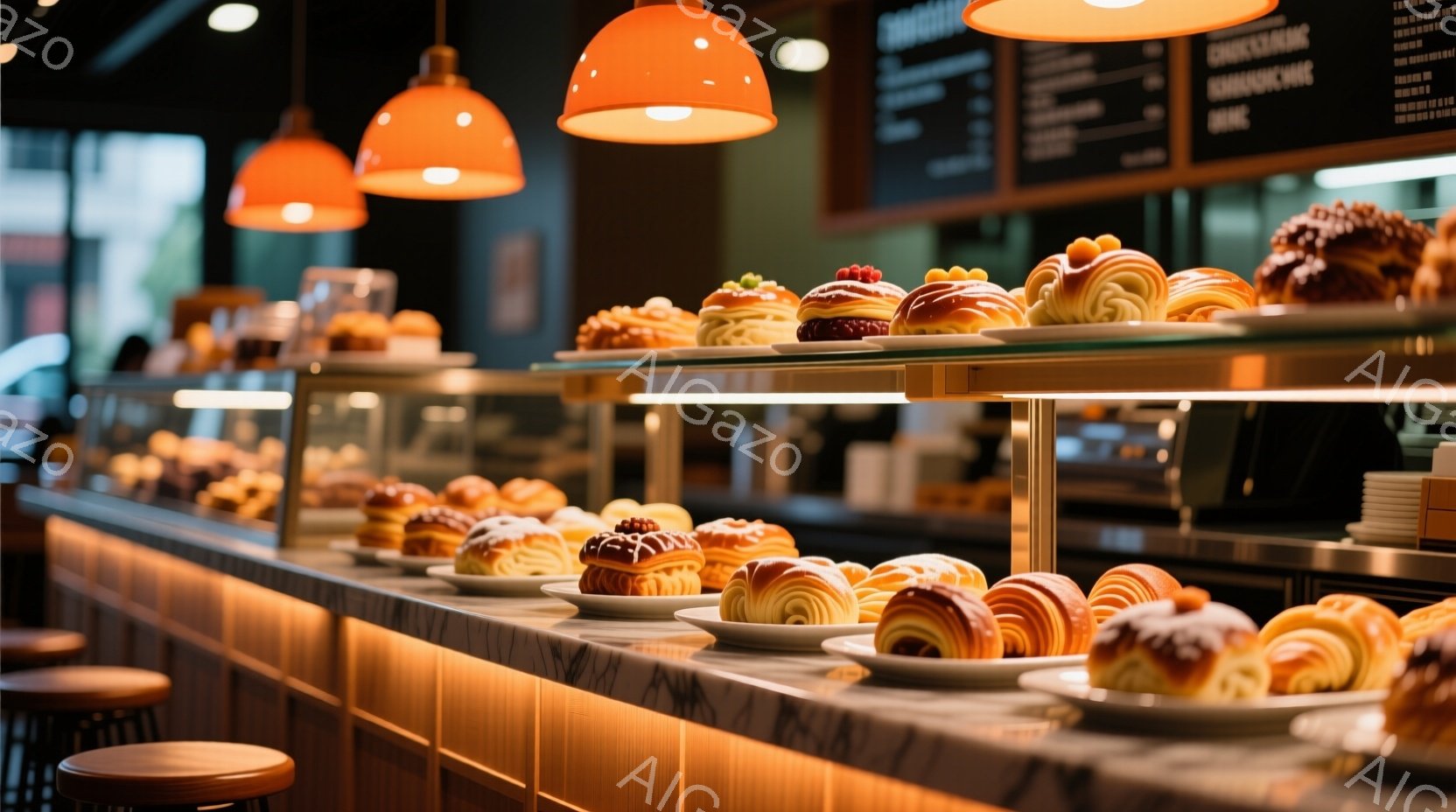 店内には、様々な種類の焼き菓子が白い皿に並べられており、温かい照明の下で美味しそうに輝いている。背景には、黒板に書かれたメニューと、木製のカウンター、そしてぼんやりと見える席が見える。全体的に、温かく居心地の良い、カフェのような雰囲気が漂っている。