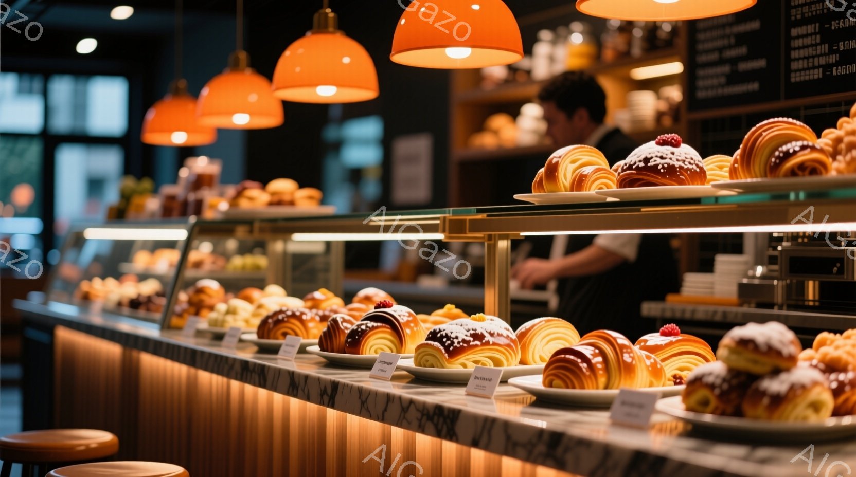 店内には様々な種類のクロワッサンが並べられたショーケースが写っており、それぞれのクロワッサンには小さなラベルが添えられています。背景には、黒い制服を着た男性がぼんやりと見え、ショーケースの上にはオレンジ色の照明が吊り下げられています。全体的に、暖色系の照明と焼き菓子の温かさが、居心地の良いカフェの雰囲気を醸し出しています。