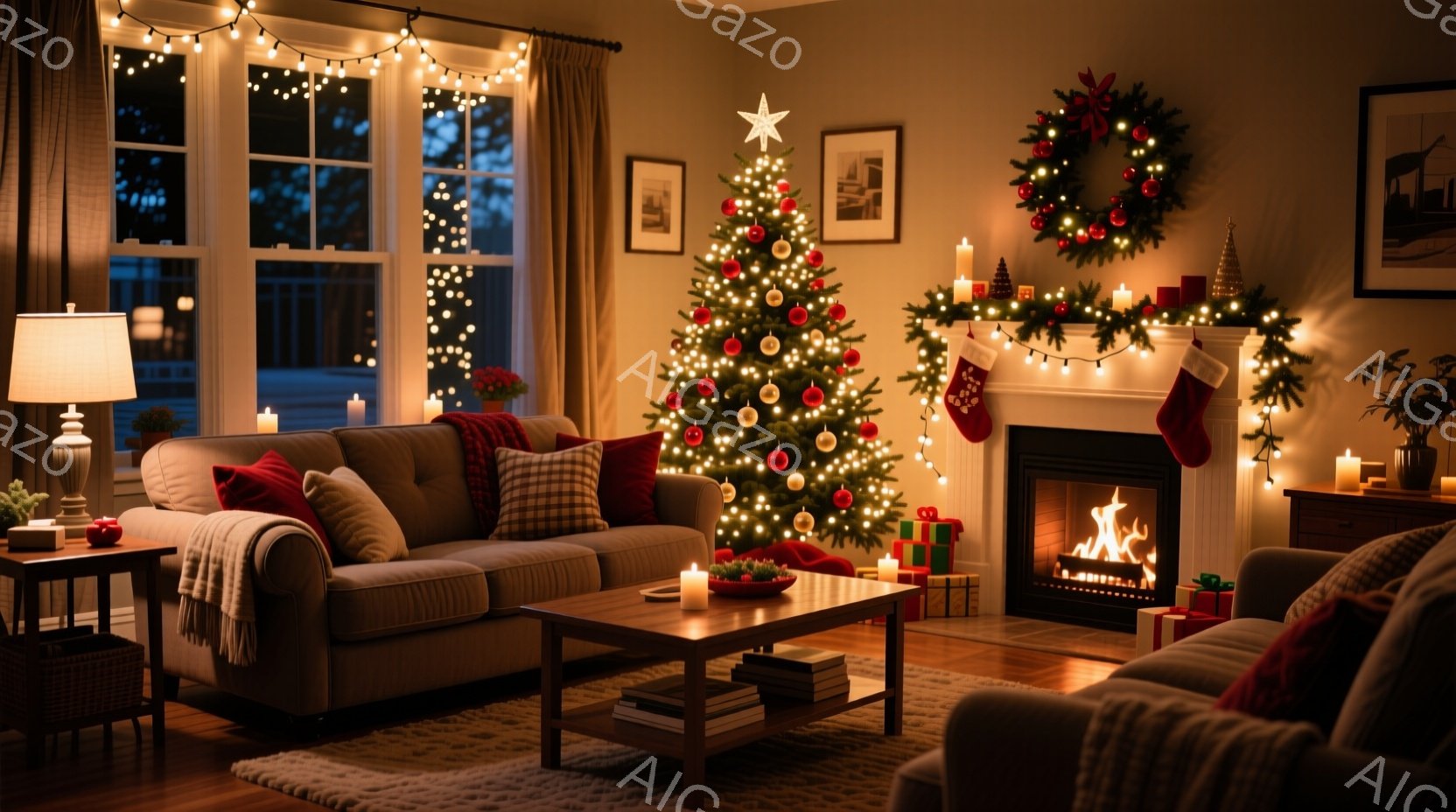 暖炉の火が灯ったリビングルームは、クリスマスツリーと装飾で温かい雰囲気に包まれています。窓の外は夜で、ストリングライトが部屋を柔らかく照らし、赤いクッションと毛布が置かれたソファが居心地の良い空間を作り出しています。プレゼントがツリーの下に置かれ、暖炉の上にはクリスマスリースが飾られ、ホリデーシーズンを迎える準備が整っています。