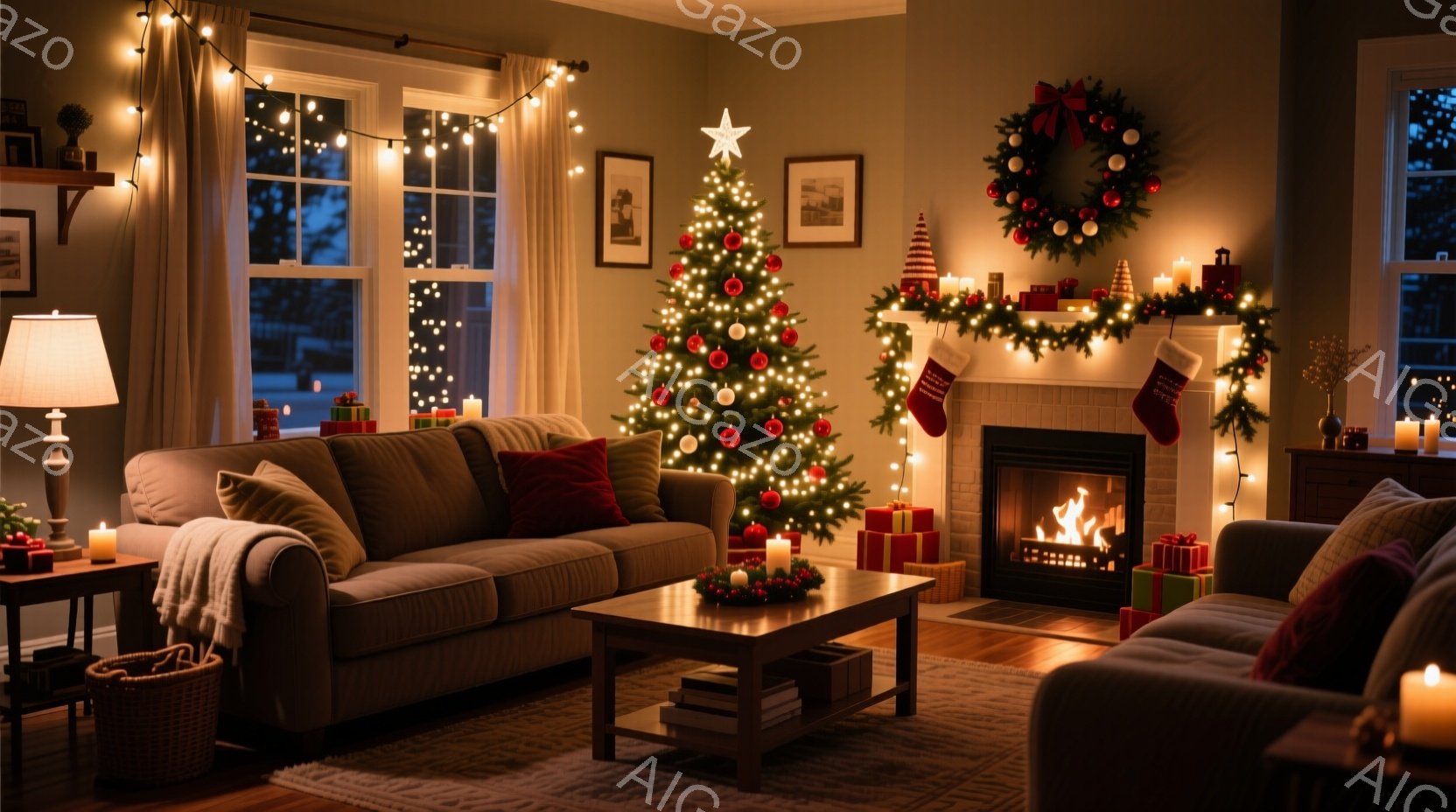 暖炉のある居間は、クリスマスに向けて暖かく装飾されています。クリスマスツリーは明るい光で照らされ、暖炉には靴下が吊るされ、周囲にはプレゼントが置かれています。全体的に、暖かく居心地の良い、祝祭的な雰囲気で、冬の夜にぴったりです。