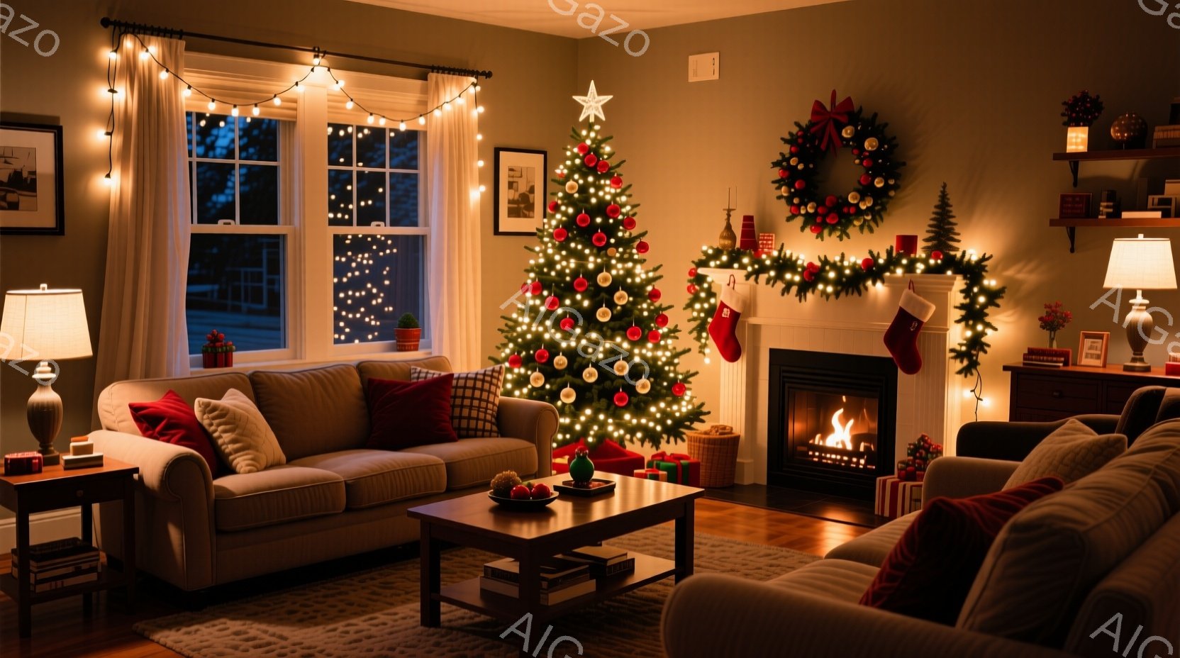 居心地の良いリビングルームには、クリスマスツリーが輝き、暖炉には火が灯っています。ソファは明るい色で、赤い枕が置かれており、窓からは優しい光が差し込みます。全体的に暖かく、リラックスしたクリスマスの雰囲気が漂っています。