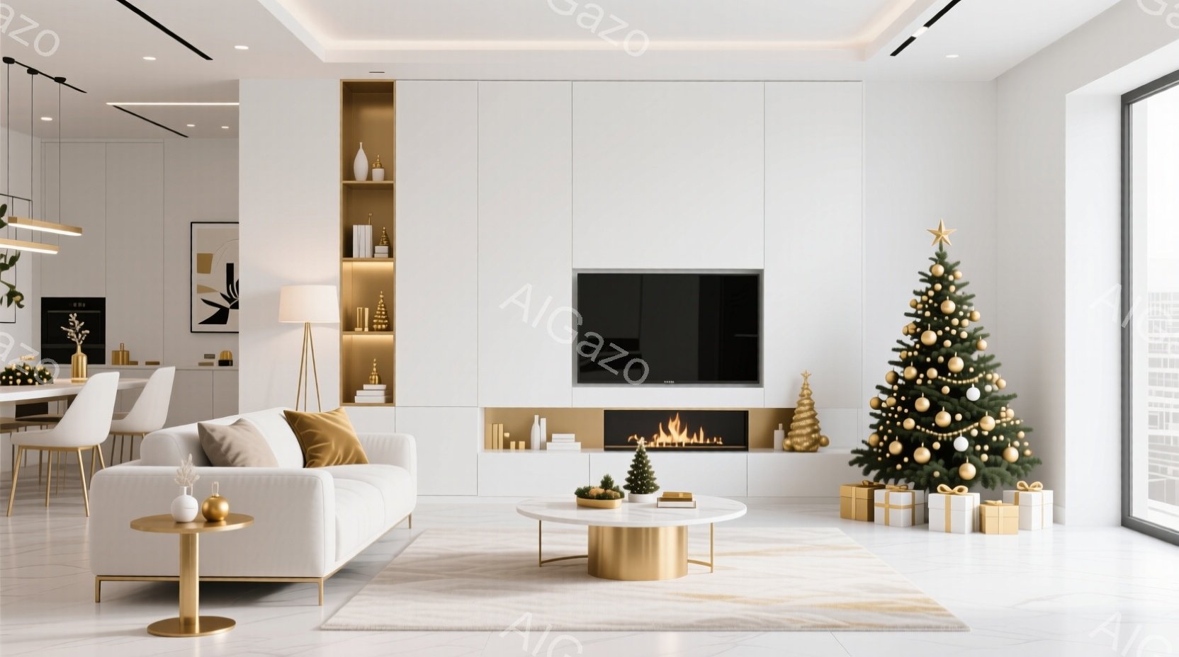白を基調としたモダンなリビングルームで、クリスマスツリーが暖かく輝いています。白いソファと金色のアクセントが洗練された雰囲気を演出し、背景にはキッチンとダイニングスペースが見えます。大きな窓からは外の景色がぼんやりと見え、全体的に落ち着いた、華やかなクリスマスの雰囲気が漂っています。