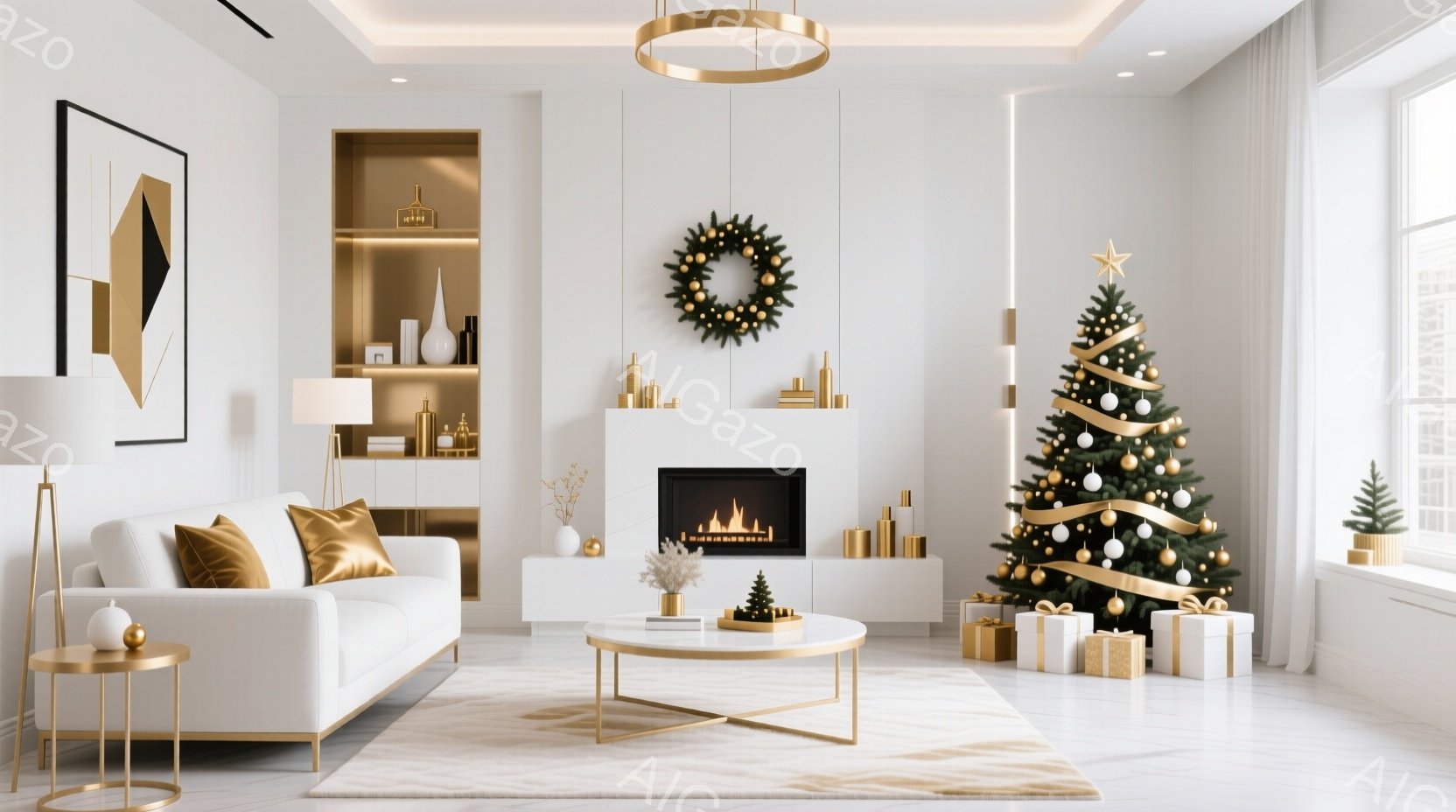 白を基調としたリビングルームで、クリスマスの装飾が施されています。白のソファにはゴールドのクッションが置かれ、白いラグの上には金色の模様が敷かれています。窓からは冬の景色が見え、暖炉とクリスマスツリーが部屋に温かみと華やかさを添えています。