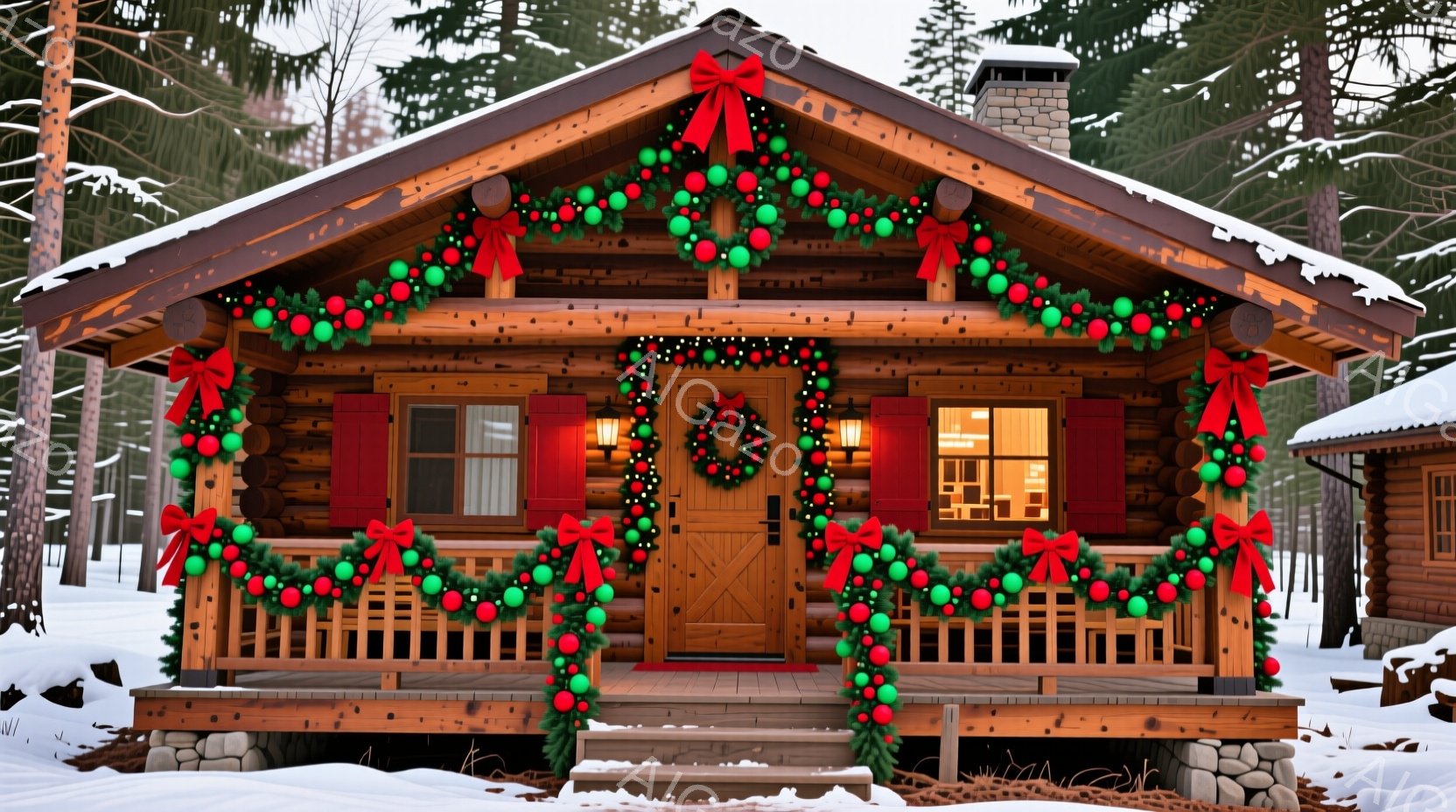 雪に覆われた木々の間に佇む、装飾が施された丸太小屋が描かれています。正面玄関にはクリスマスリースが飾られ、屋根や壁には赤いリボンと緑のガーランドが飾られています。雪景色と暖かい光が、クリスマスの穏やかで心地よい雰囲気を醸し出しています。