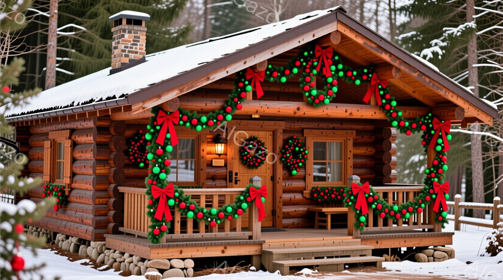 雪に覆われた丸太小屋が、クリスマス装飾で美しく飾られています。正面玄関と窓には、赤いリボンと緑の葉で飾られたリースが掛けられ、小屋全体を華やかに彩っています。背景には雪化粧した木々が立ち並び、静かで穏やかな冬の雰囲気を醸し出しています。
