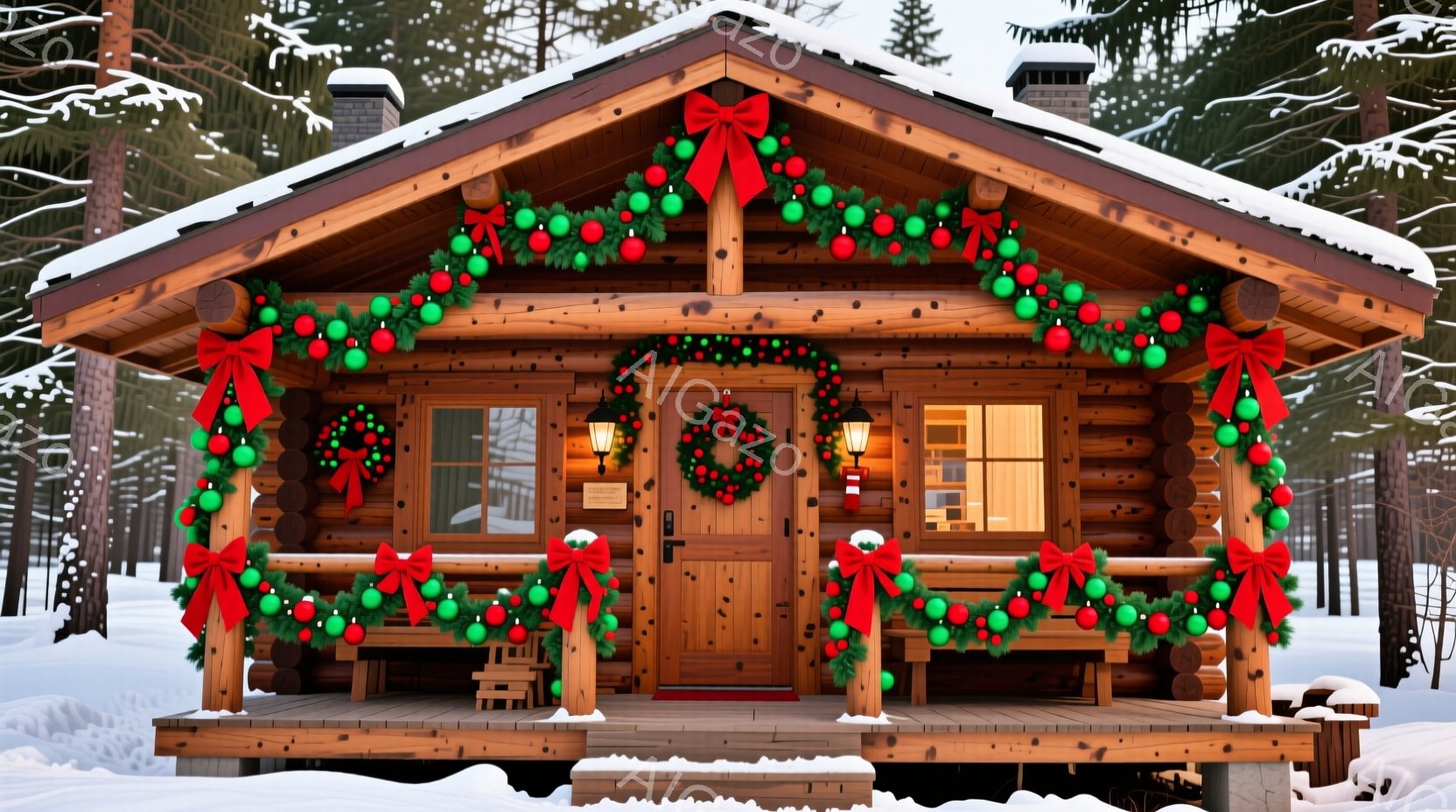 雪に覆われた森林の中に、クリスマス装飾が施された丸太小屋が建っています。正面玄関にはリースが飾られ、小屋全体が赤と緑のガーランドとリボンで彩られています。雪景色と暖色の照明が組み合わさり、温かく穏やかな冬の雰囲気を醸し出しています。
