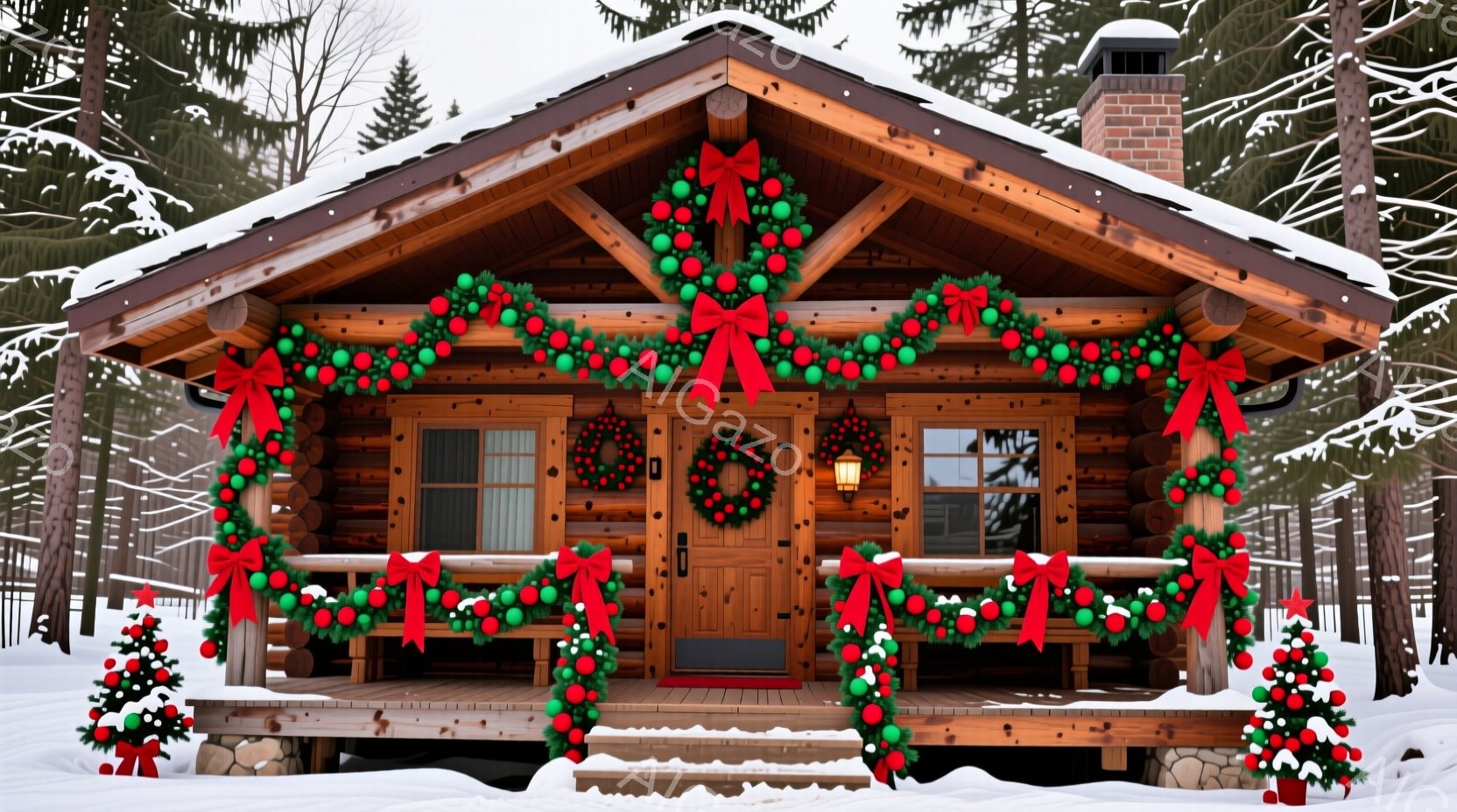 ログハウスが雪に覆われた森の中に建っており、クリスマス装飾が施されています。正面玄関と窓には、赤いリボンと赤い玉飾り付きの緑のリースが飾られ、暖かくお祝いの雰囲気です。雪景色とクリスマスの装飾が組み合わさり、冬の暖かい祝祭の雰囲気を醸し出しています。