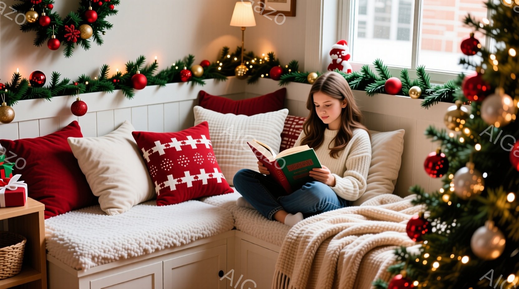 暖かい光に包まれた室内で、若い女性が窓際のコーナーに座り、本を読んでいます。彼女は白いセーターとジーンズを着ており、長い髪は自然に肩にかかっています。背景には、クリスマスツリーと装飾が施された窓枠があり、全体的に穏やかで心地よい雰囲気が漂っています。