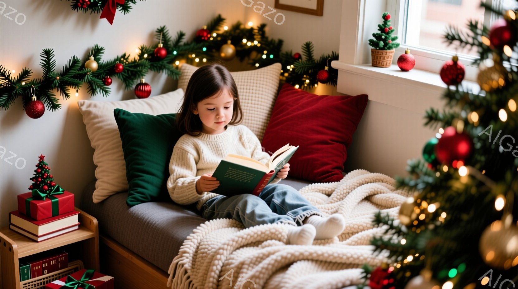 少女は窓際のクッションに座り、本を熱心に読んでいます。彼女は白いセーターとジーンズを着ており、長い髪は後ろでまとめています。背景にはクリスマスツリーの飾りやオーナメントがあり、暖かく、居心地の良い、祝祭的な雰囲気を醸し出しています。