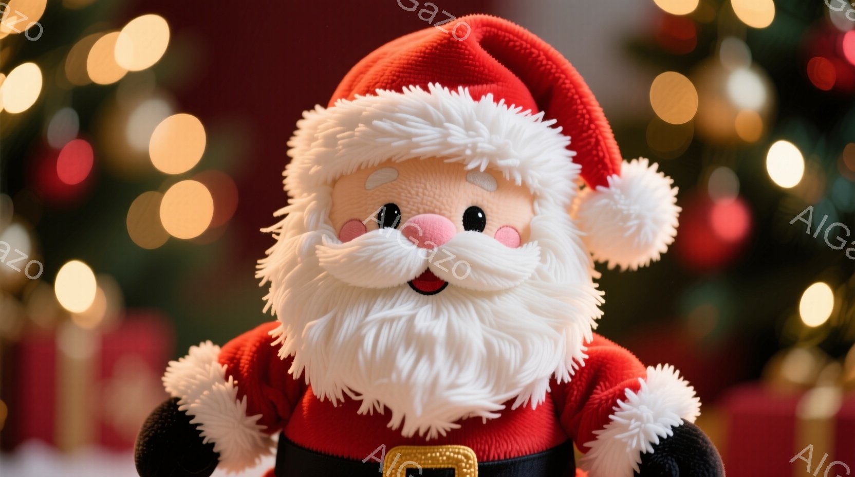 ふわふわの白いひげと赤い帽子をかぶったサンタクロースの人形が写っています。つぶらな瞳と優しい笑顔が印象的で、黒いベルトがアクセントになっています。背景にはぼやけたクリスマスツリーの光が輝き、暖かくお祝いムードを演出しています。