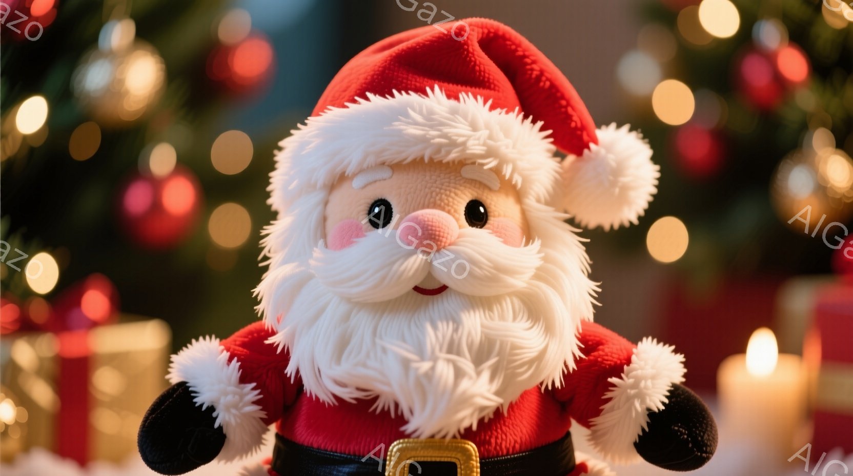 ふわふわの白いひげと赤い帽子をかぶったサンタクロースのぬいぐるみです。大きな瞳と少し微笑んだ表情が愛らしい印象を与えます。背景にはぼやけたクリスマスツリーの飾りとロウソクの光があり、暖かくお祝いの雰囲気が漂っています。