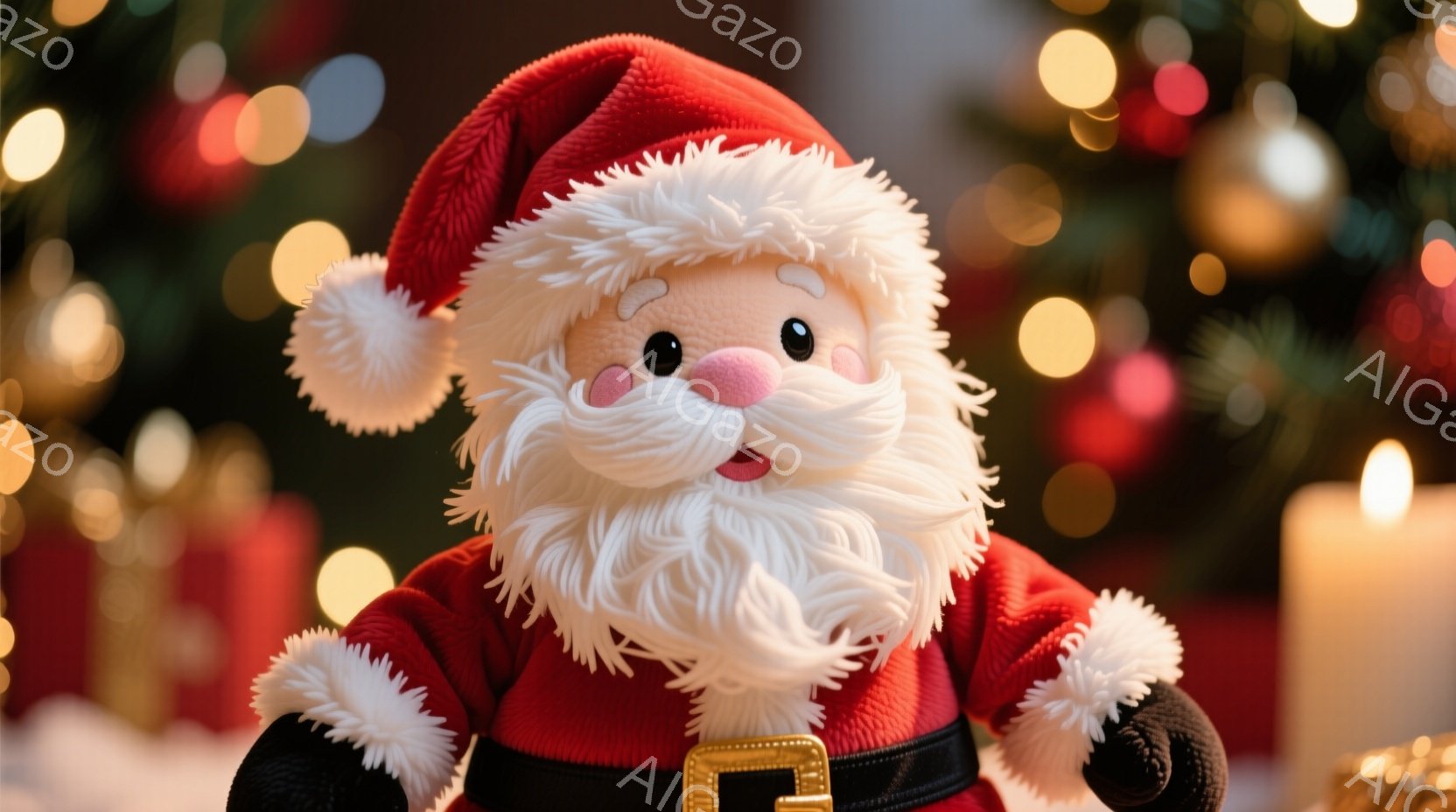 鮮やかな赤い衣装を着たサンタクロースの人形が写っています。ふっくらとした白いひげと、つぶらな瞳、そして優しい笑顔が特徴的です。背景にはぼやけたクリスマスツリーとロウソクの光があり、暖かく穏やかなクリスマスの雰囲気を醸し出しています。