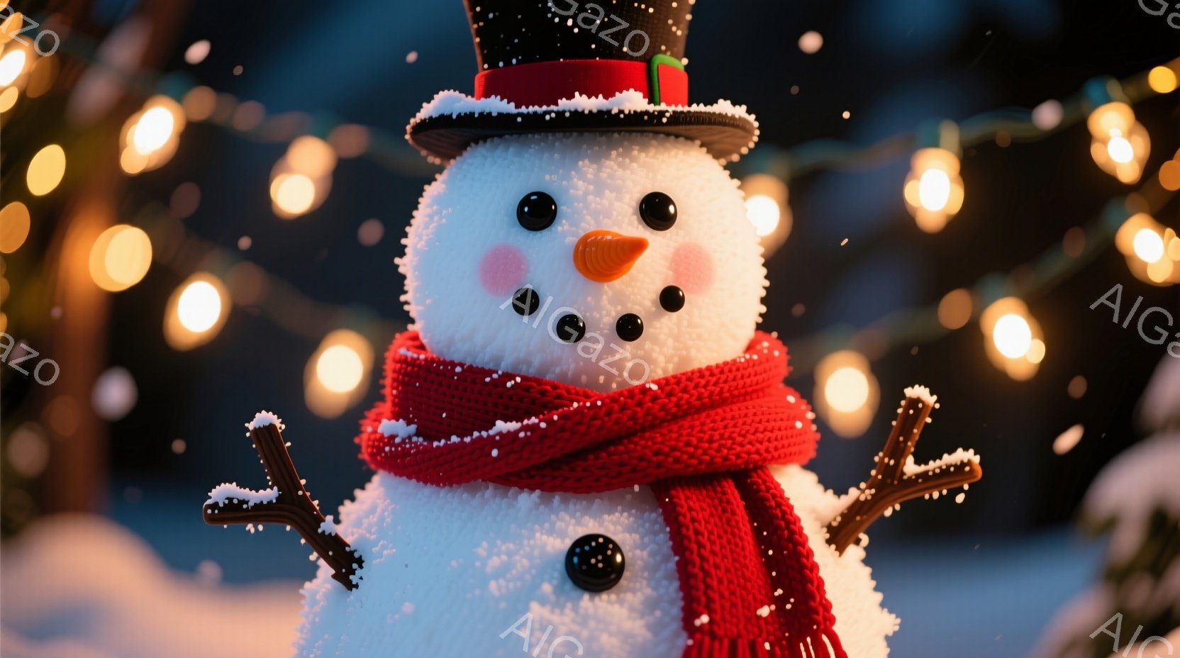 雪だるまは、赤い編み物のマフラーと、小さな枝で作られた腕を持っています。顔には小さな黒いボタンの目、オレンジ色の人参の鼻、そしてにっこり笑った口があります。背景にはぼやけた光の粒と、雪が舞う夜空のような雰囲気があり、温かく優しい冬の情景を表現しています。