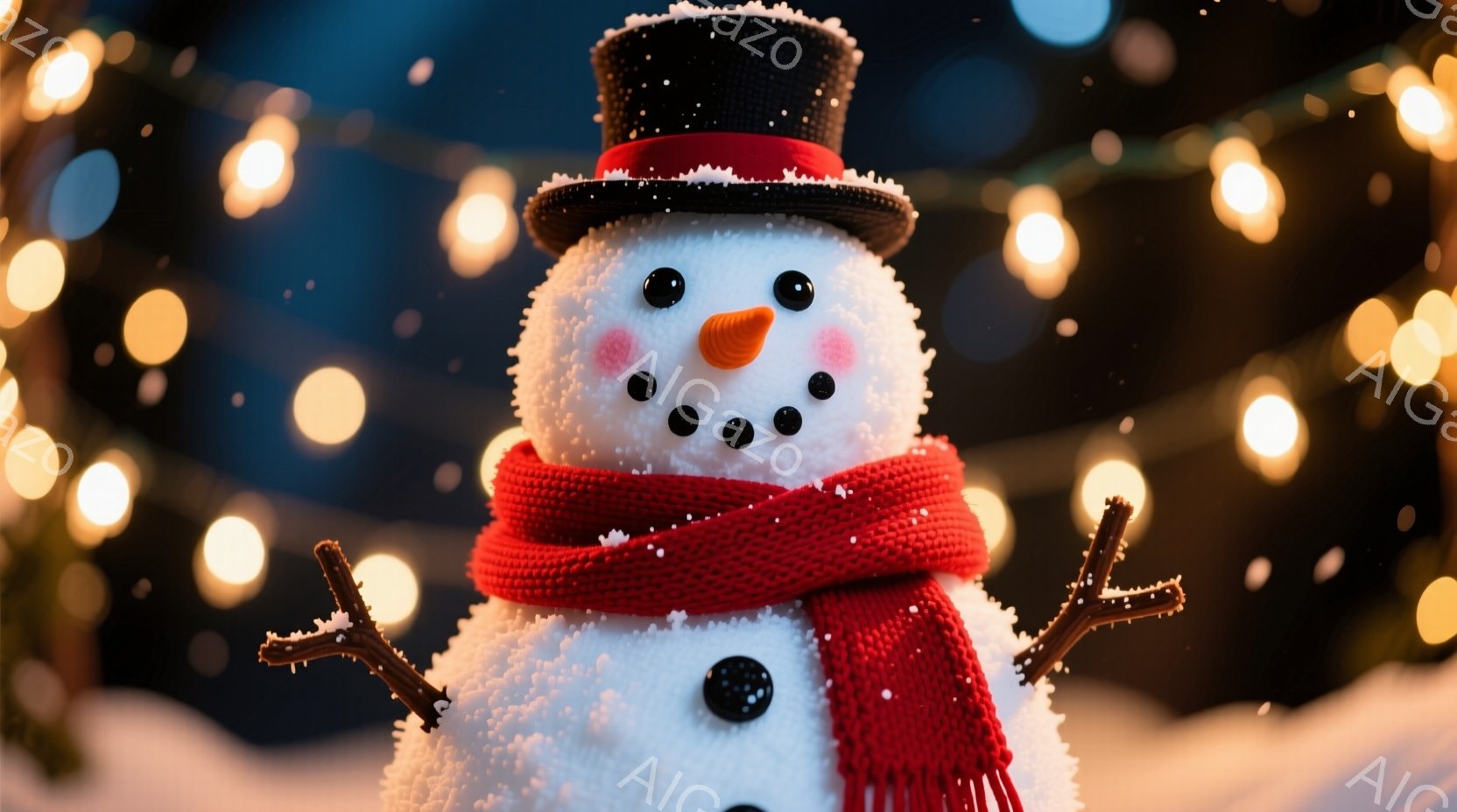 雪で作られた可愛らしい雪だるまが写っている。赤色の編みマフラーと木の枝で作られた腕、そしてつばの縁に雪が付いた黒い帽子を身に着けている。背景にはぼやけた光のイルミネーションが散りばめられており、冬の暖かく幻想的な雰囲気を醸し出している。