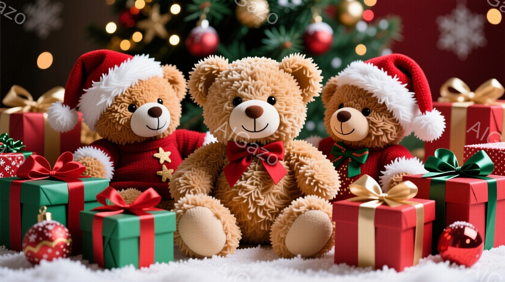柔らかい茶色のテディベアが三匹、それぞれ赤いサンタの帽子をかぶって、プレゼントの山の中に座っています。ベアたちは可愛らしい表情で、赤いリボンや緑のリボンで飾られたカラフルなプレゼントに囲まれています。背景にはクリスマスツリーが輝き、雪が舞う暖かく幻想的なクリスマスの雰囲気が漂っています。