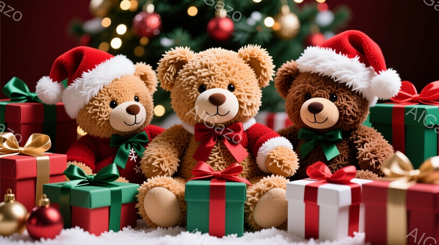 ふわふわの茶色のテディベアが3匹、それぞれ赤いサンタ帽をかぶって、プレゼントの山の中に座っています。プレゼントは赤、緑、白の包装紙で包まれ、緑のリボンで飾られています。背景にはぼやけたクリスマスツリーが見え、全体的に暖かく、お祝いの雰囲気が漂っています。