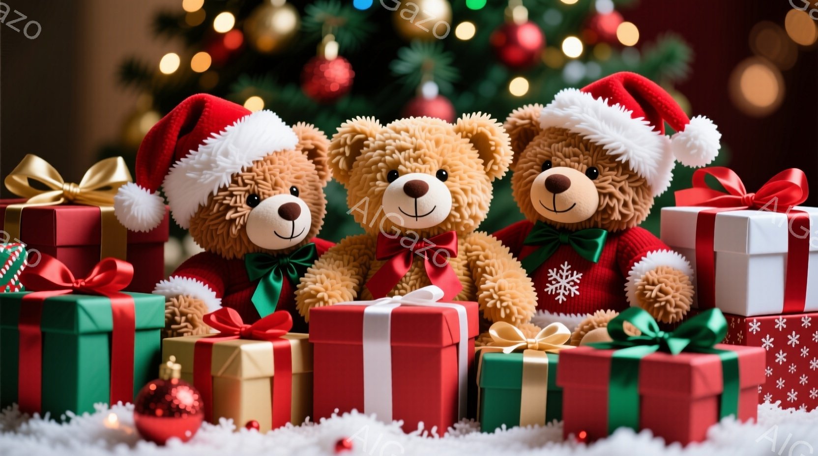 ぬいぐるみ３匹がクリスマスプレゼントの山の中に座っています。それぞれ赤いサンタ帽をかぶり、緑または赤のボウタイを締めており、可愛らしい表情をしています。背景にはキラキラと輝くクリスマスツリーと雪が積もった様子が見え、温かく、お祝いの雰囲気が漂っています。