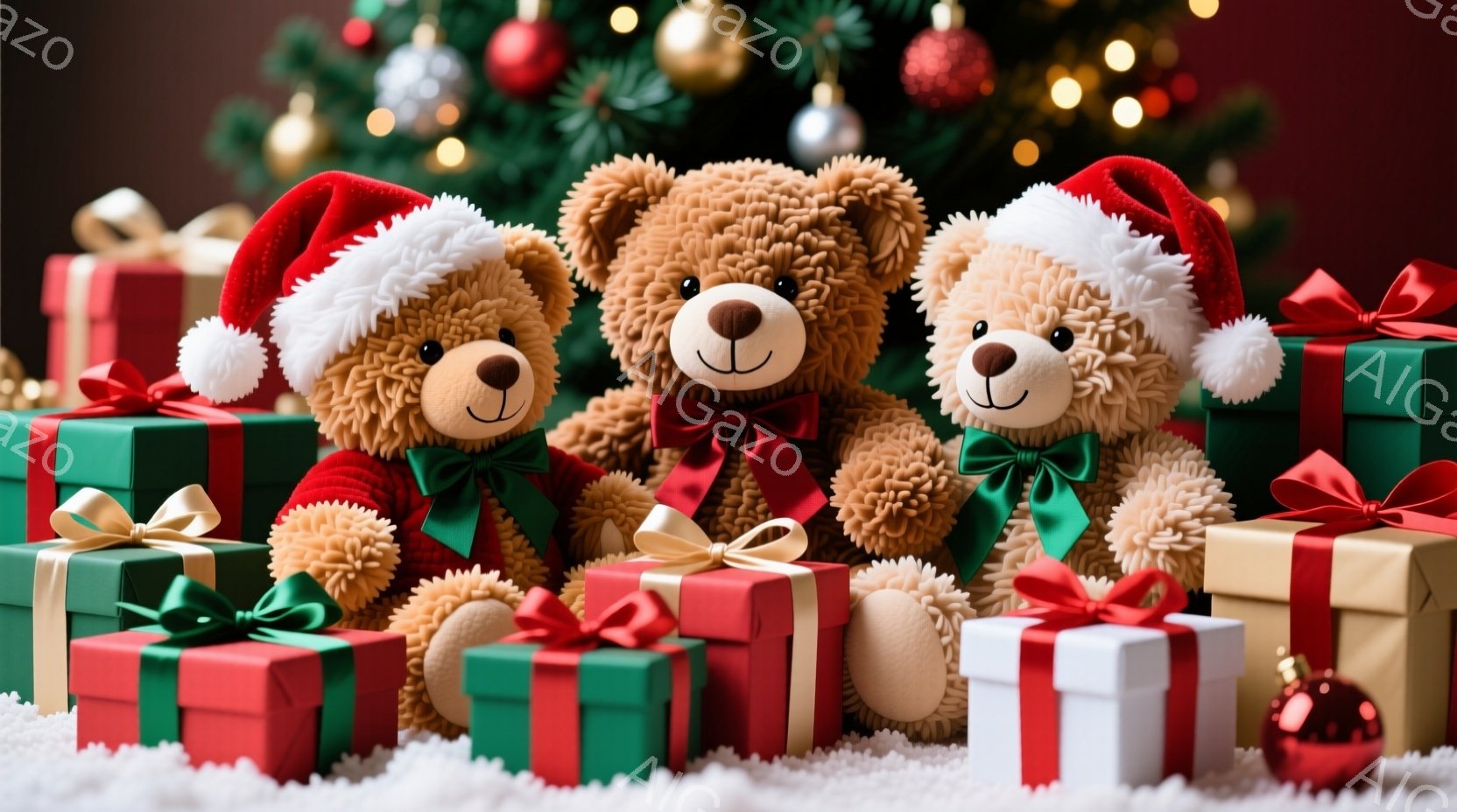 ３匹のテディベアが、クリスマスツリーの前にプレゼントの山に囲まれて座っています。それぞれ赤いサンタの帽子をかぶり、緑のリボンで可愛らしく飾られています。背景にはキラキラと光るクリスマスツリーと、白い雪が敷かれた床があり、温かくお祝いムードにあふれています。