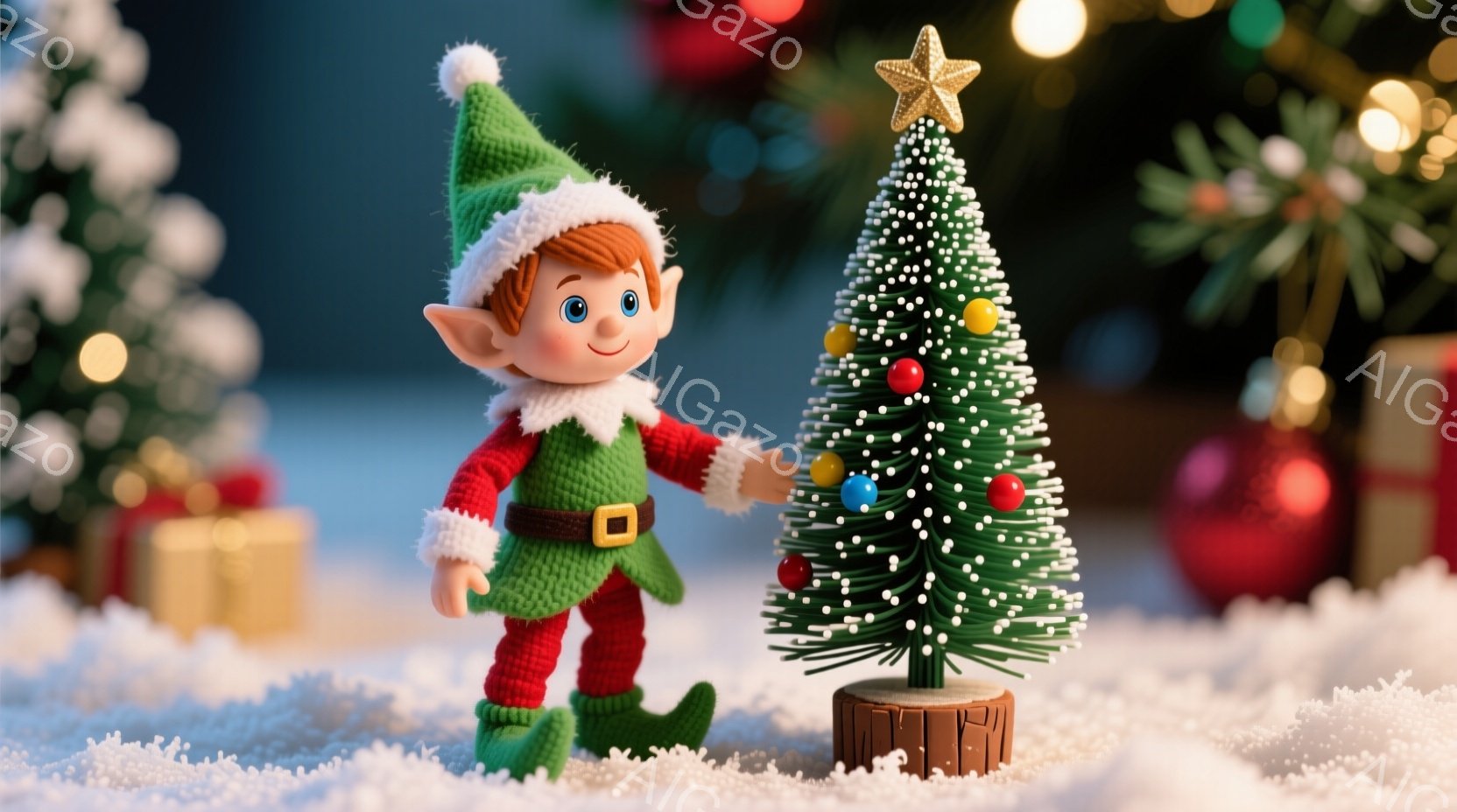 緑色のニットの衣装を着たエルフの人形が、小さなクリスマスツリーの隣に立っています。エルフは赤い髪で、笑顔で、明るい目をしており、右手をツリーに添えています。背景には、ぼやけたクリスマスツリーとプレゼントボックス、そして雪景色が広がっており、温かく、お祝いの雰囲気を醸し出しています。