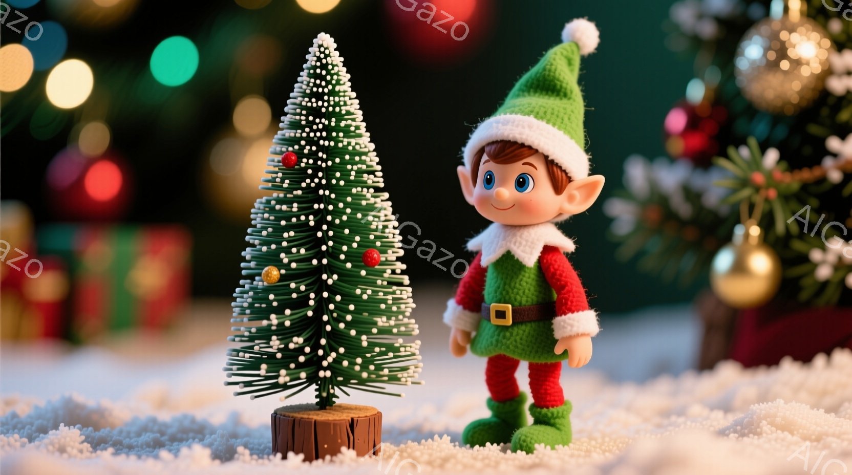 小さなクリスマスツリーのそばにエルフの人形が立っています。エルフは緑色の服と赤いベルトを着ており、尖った耳と笑顔が特徴的です。背景にはぼやけたクリスマスツリーやプレゼント、そして雪景色が広がり、温かくお祝いの雰囲気が漂っています。