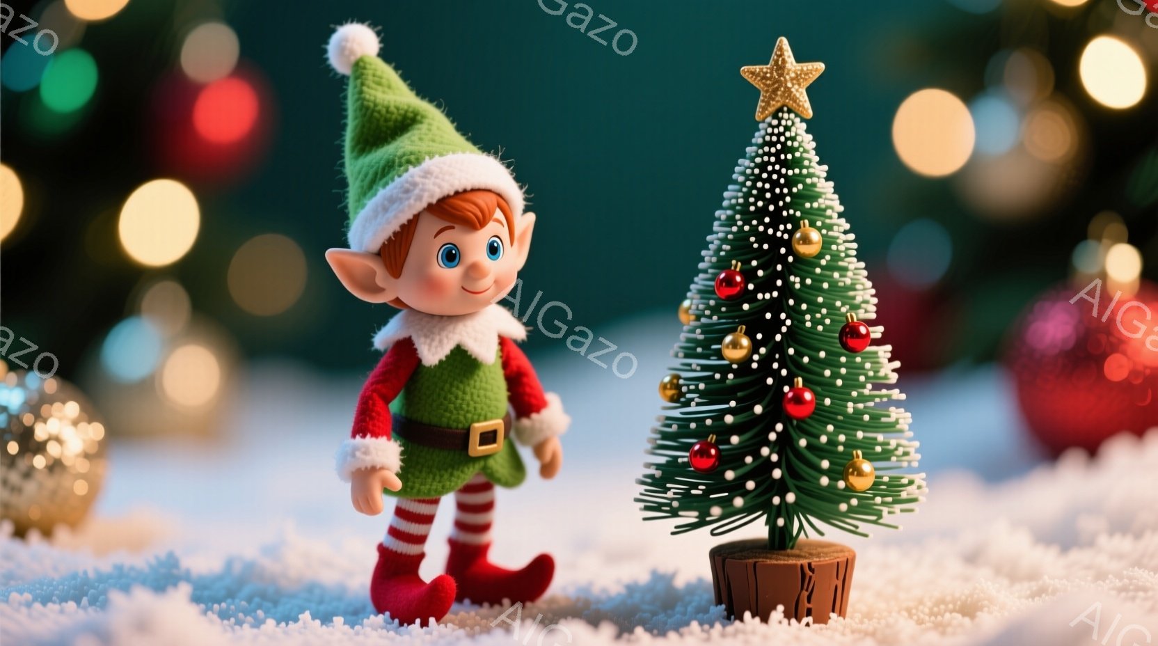 緑の帽子と服を着たエルフが、赤いブーツとベルトを身に着けて立っている。背景には小さなクリスマスツリーが飾り付けられており、キラキラと光るぼやけた光が雪の上に散らばっている。全体的に、暖かく、お祝いの雰囲気で、クリスマスの魔法のような雰囲気を醸し出している。