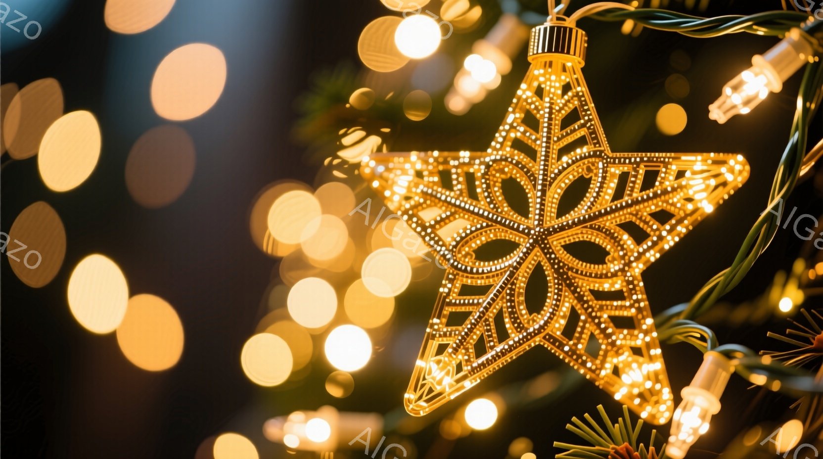 鮮やかな黄色の光がぼやけており、前景には複雑なデザインの星形のイルミネーションが際立っています。背景には緑の葉のようなものがぼんやりと見え、イルミネーションと葉のコントラストが温かく幻想的な雰囲気を醸し出しています。全体的に、クリスマスや冬のホリデーシーズンを象徴する、きらびやかで心地よい光景です。
