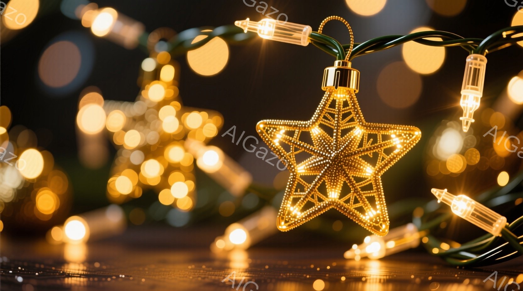 画像は、キラキラと光る電飾の星が中心に配置されており、背景にはぼやけた光の玉が多数散りばめられています。電飾の星は緑色のコードで繋がれており、光沢のある表面が特徴的です。全体的に暖かく、お祭りやパーテ - AI生成フリー素材