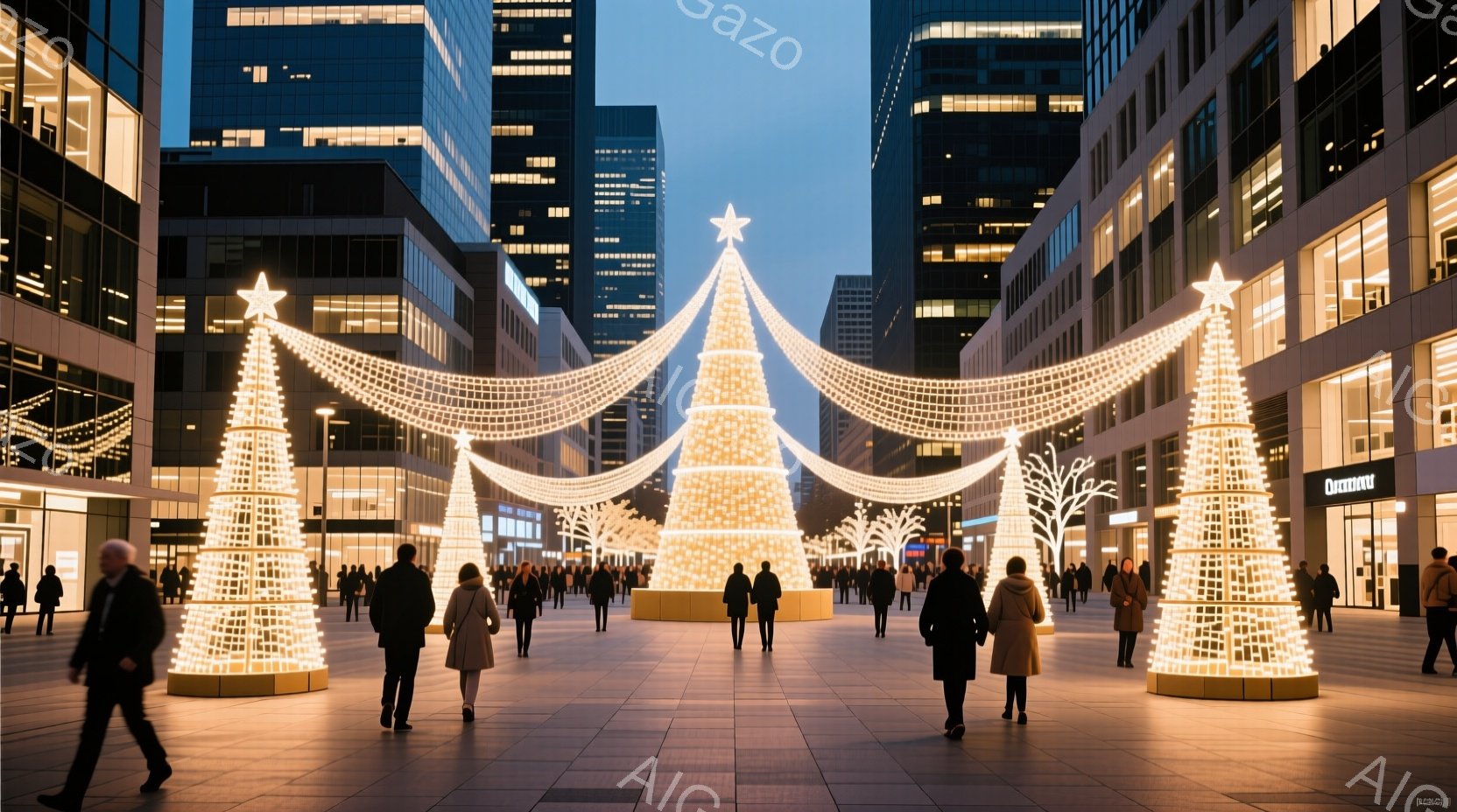 イルミネーションで飾られた近代的な都市の広場が写っている。人々は冬の装いで歩いており、多くは黒いコートを着ている。背景には高層ビルが立ち並び、空は夕暮れ時で薄暗いグレー色をしているが、イルミネーションが明るく光り、華やかな雰囲気を醸し出している。