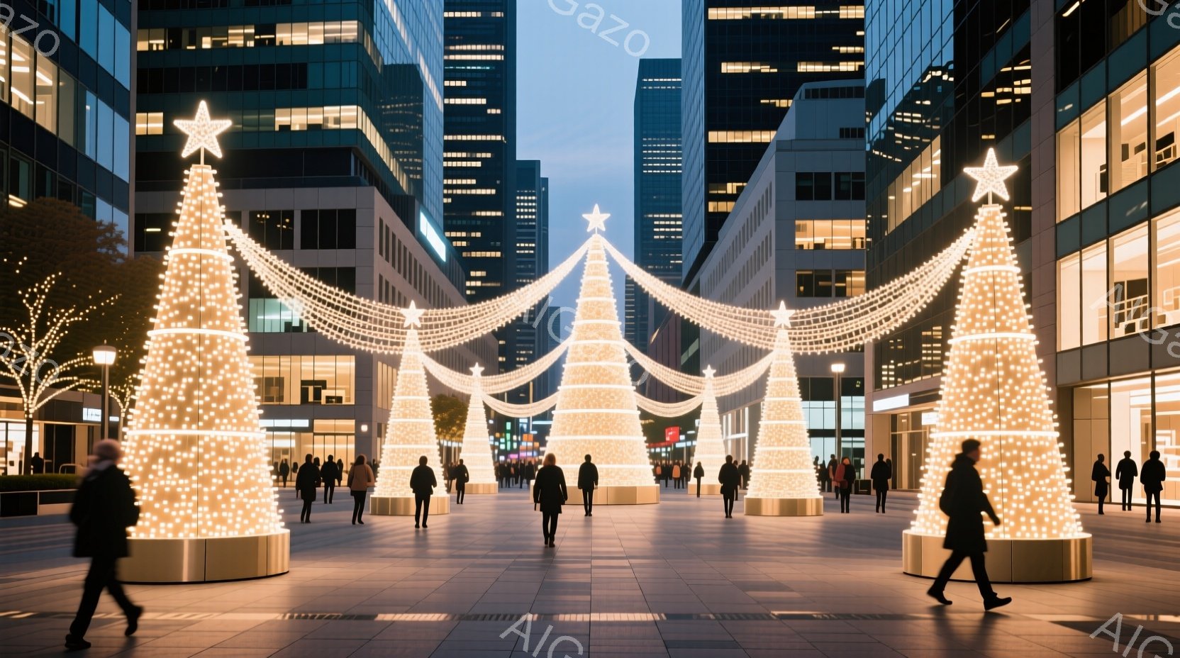 街路には、白く輝くイルミネーションのクリスマスツリーが整然と並び、多くの人々が歩いている。人々は概ね暗い色のコートを着ており、背景には高層ビル群が立ち並び、冬の夕暮れ時の都会の雰囲気を醸し出している。イルミネーションの暖かな光が、冷たいコンクリートの空間に温かさを加え、華やかで落ち着いた雰囲気を演出している。