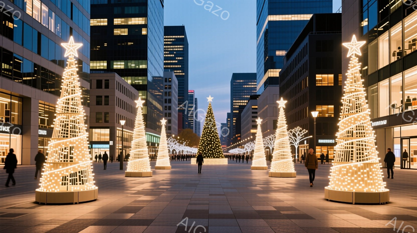 街路はクリスマス装飾で華やかに彩られ、両側に白い光のイルミネーションが施されたユニークな形のクリスマスツリーが並んでいる。人々は冬のコートを着て、ゆったりと歩いており、背景には高層ビル群が立ち並び、空は夕暮れ時のような薄暗い青色を呈している。全体的に、都会のクリスマスを象徴する、洗練された静謐な雰囲気が漂っている。