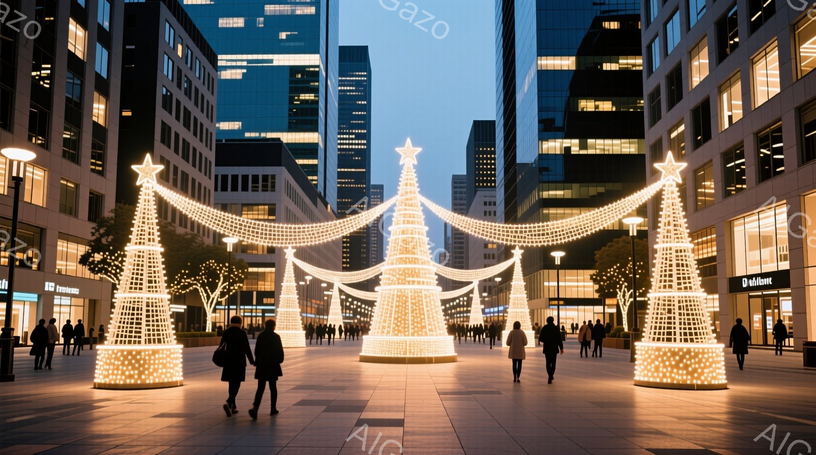 広場には、光り輝く巨大なクリスマスツリーが並び、人々がその間を歩いている。人々は冬の装いをしており、黒いコートやジャケットを着ている。背景には高層ビル群が立ち並び、空は夕暮れ時のような淡い青色で、全体的に穏やかで華やかな雰囲気が漂っている。