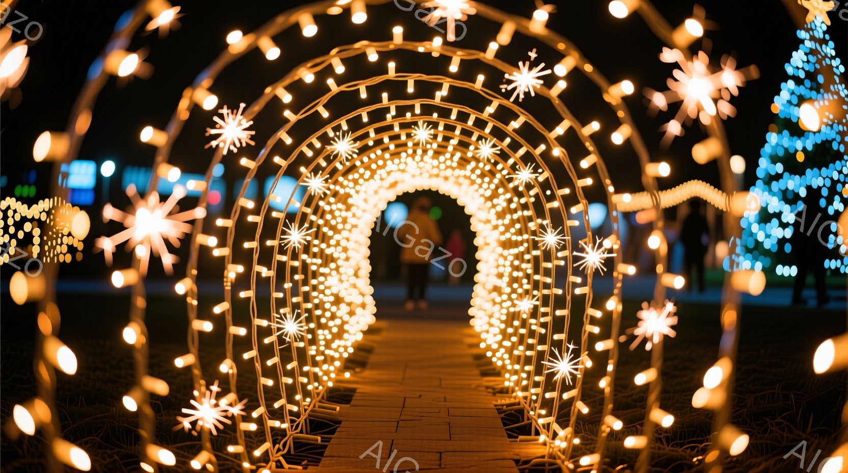 夜間の公園に、星型のイルミネーションで作られたアーチ道が印象的な写真です。アーチの奥には人影が見え、暖かい光に包まれています。背景にはぼんやりと建物や他のイルミネーションが見え、冬の夜の幻想的な雰囲気を醸し出しています。