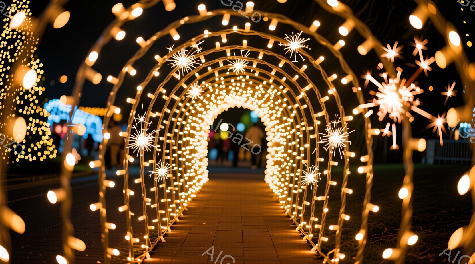 輝く電飾のアーチが、夜の公園に幻想的な空間を作り出している。アーチは明るい光で満たされ、その下を人々がゆっくりと歩いているが、顔や服装は暗くてはっきりとは見えない。背景にはぼんやりとした建物や木々が見え、静かで穏やかな夜の雰囲気が漂っている。