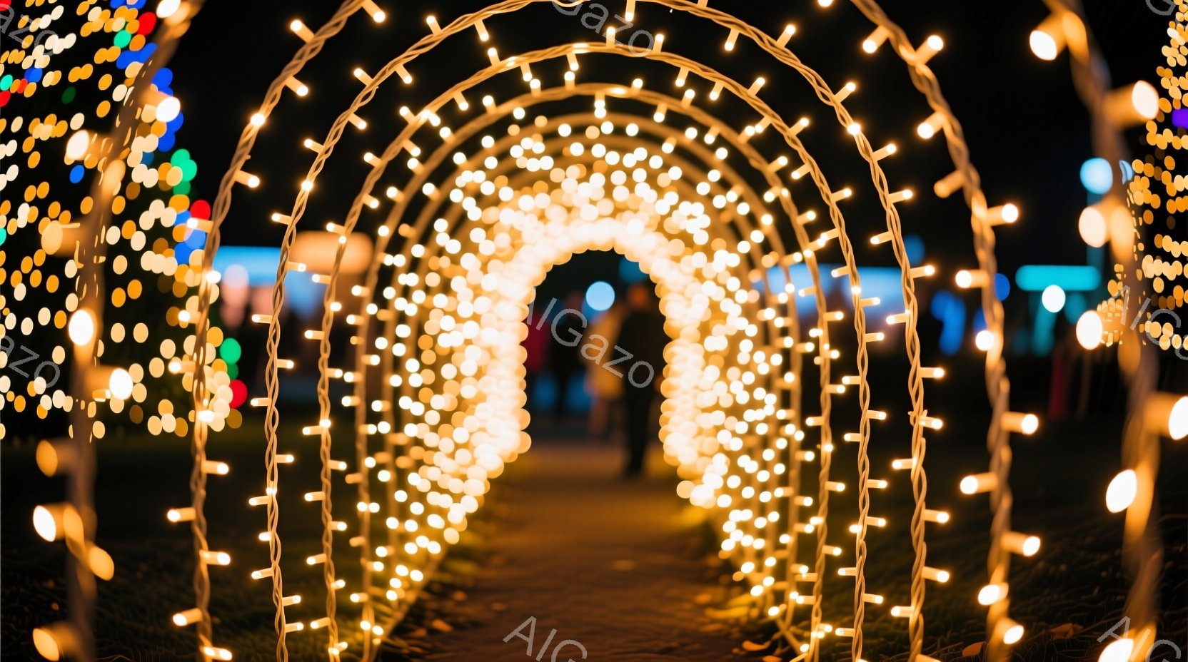 明るい電飾のアーチが印象的な写真です。アーチは暖色系の光で覆われており、奥には人影が見えます。背景は暗く、緑の草地とぼんやりとした建物が確認できますが、全体的に幻想的で温かい雰囲気が漂っています。