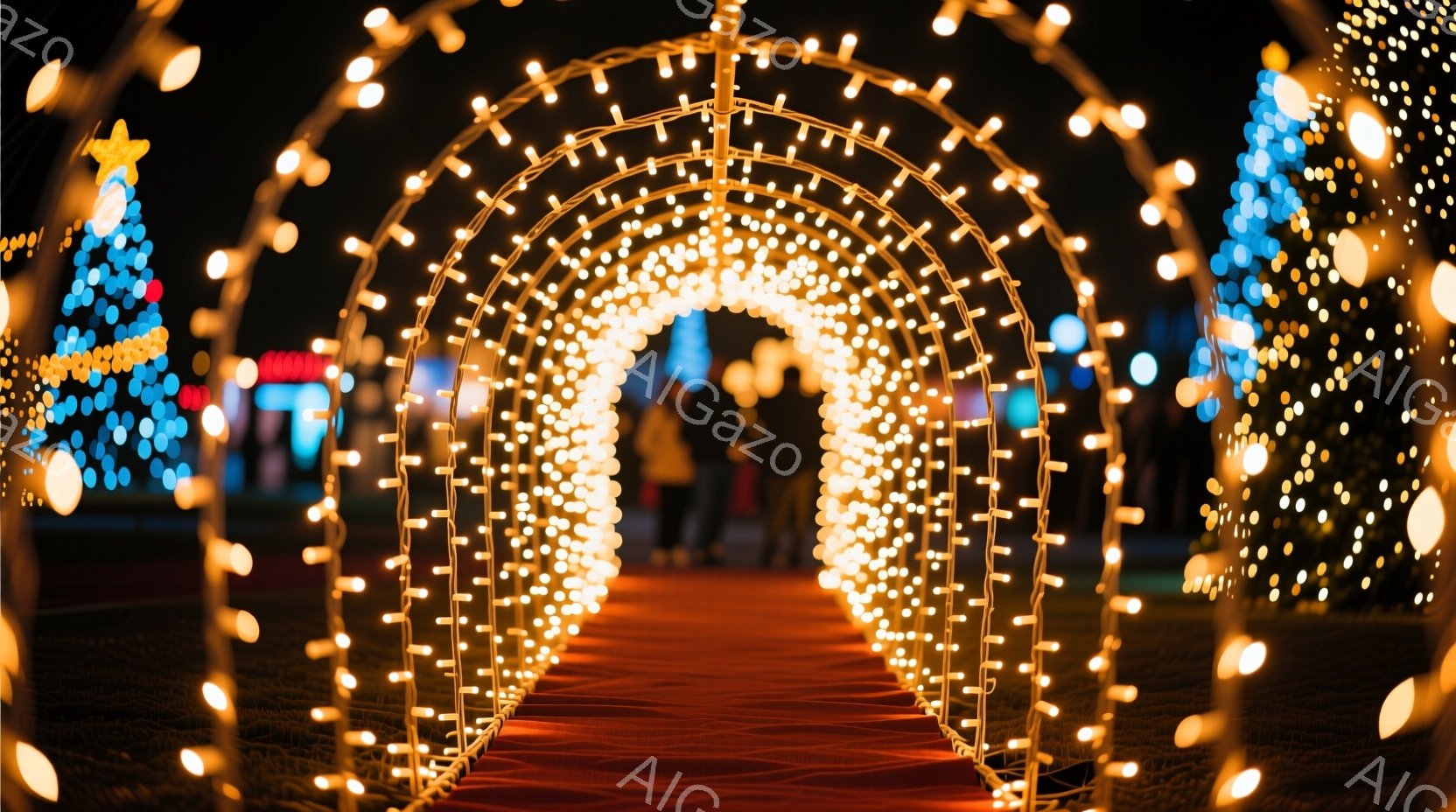 白いイルミネーションがアーチ状に並び、赤い絨毯が敷かれた空間が広がっている。遠方には、様々な色のクリスマスツリーが点在し、幻想的な雰囲気を醸し出している。人々はシルエットとなり、温かい光に包まれている様子が伺える。