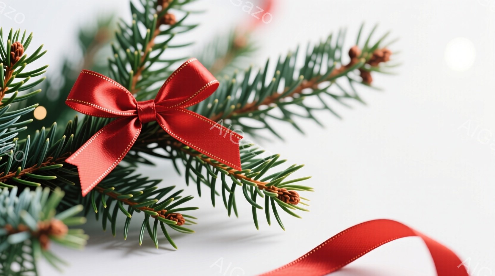 白い背景に、緑色の常緑樹の枝が配置されており、赤いリボンが枝に結ばれています。リボンは光沢があり、葉の緑色と鮮やかなコントラストをなしています。全体的に、ホリデーシーズンや装飾を連想させる、シンプルでエレガントな雰囲気です。