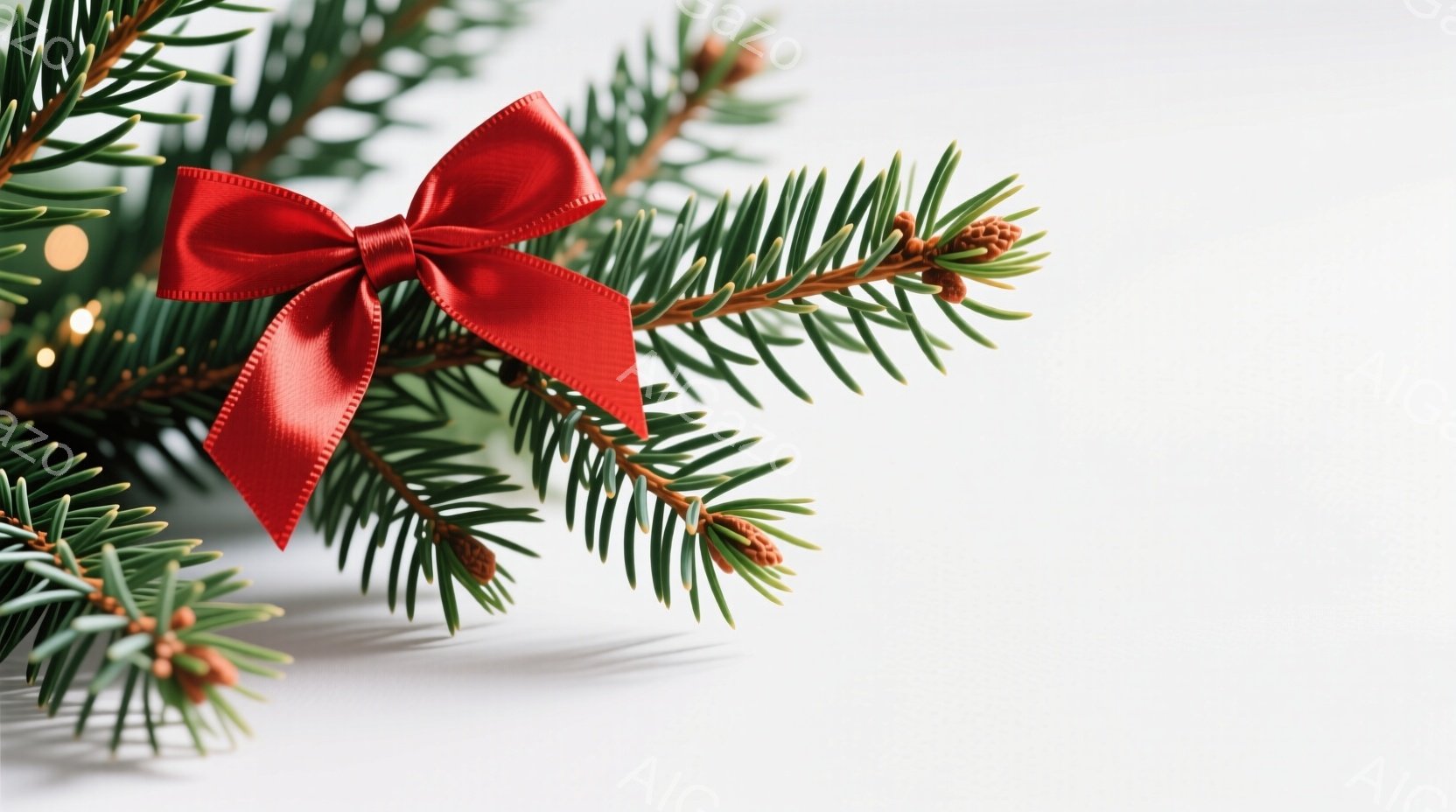 白い背景に、赤いリボンと常緑樹の枝が配置されています。常緑樹の枝には小さな松ぼっくりがいくつか付いており、リボンは枝に結ばれています。全体的にクリスマスの装飾を連想させる、静かで穏やかな雰囲気です。