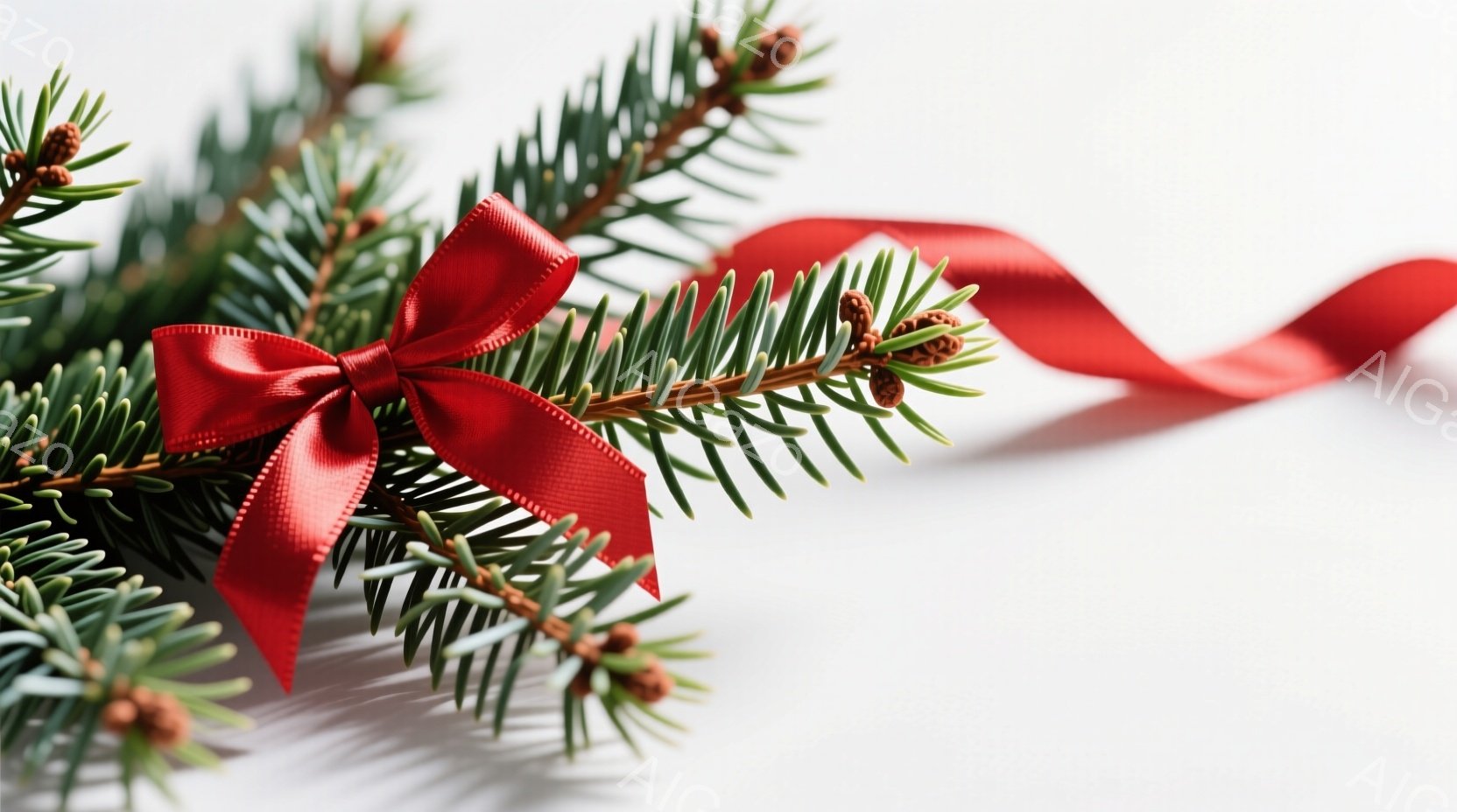 鮮やかな緑のモミの枝が白い背景に配置され、赤色のリボンが優雅に結ばれています。枝には小さな松ぼっくりが点在し、クリスマスの装飾を想起させる静かで穏やかな雰囲気を醸し出しています。光の当たり方から、装飾は柔らかく光が当たっており、温かみのある印象を与えています。
