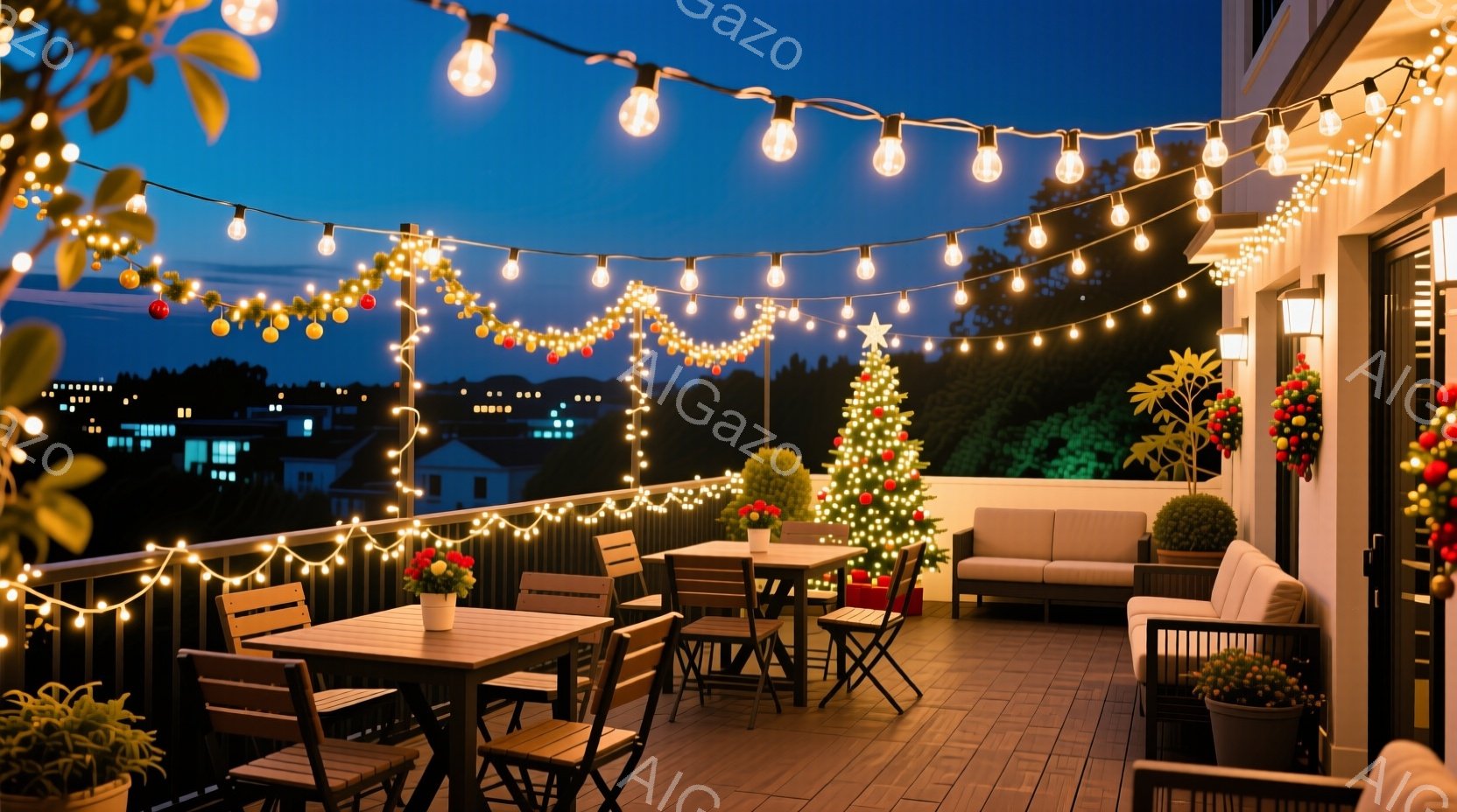 屋上テラスは、クリスマスの飾り付けで華やかに彩られています。テーブルと椅子が配置され、クリスマスツリーや植物が飾られています。夜景を背景に、温かい光が灯り、穏やかで祝祭的な雰囲気を醸し出しています。