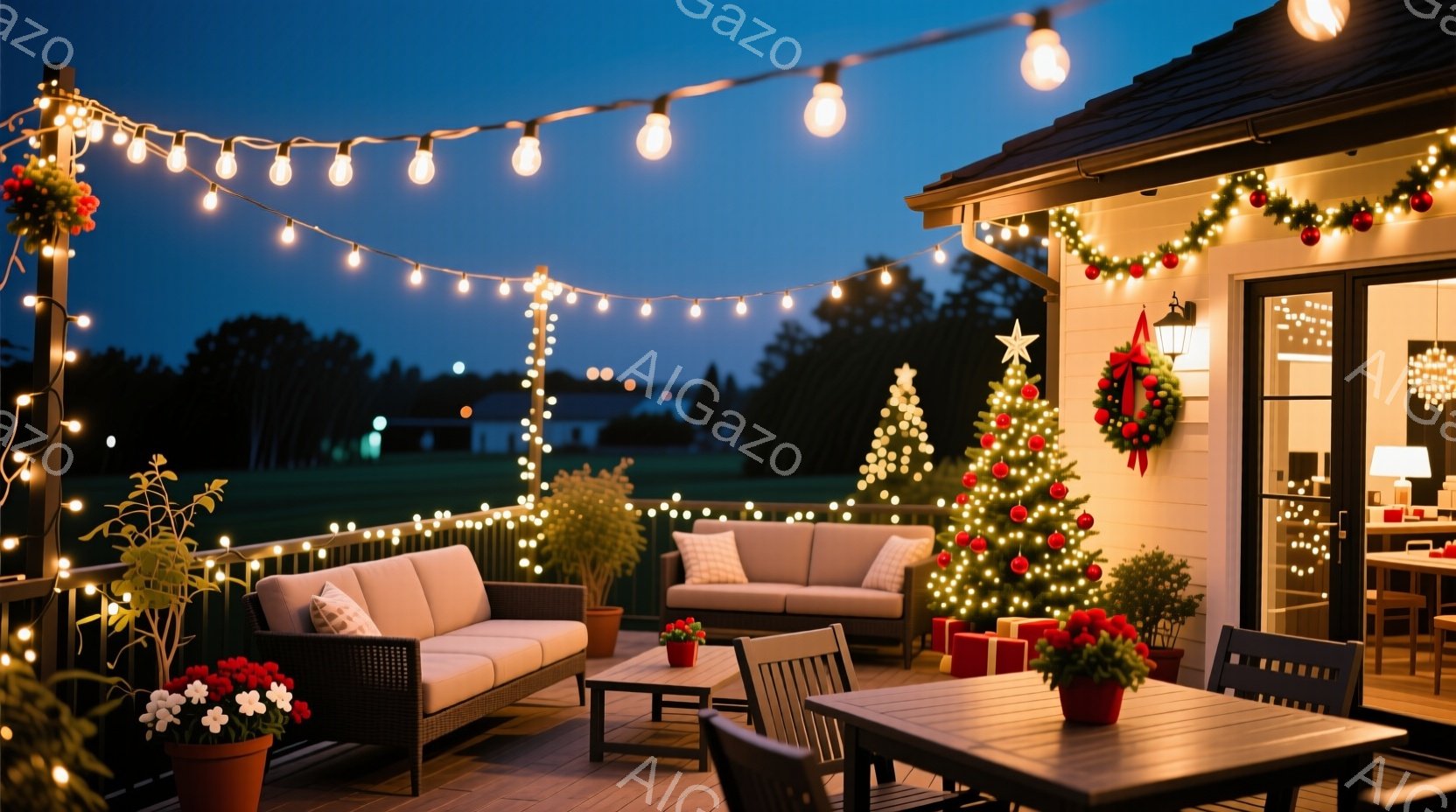 庭のテラスは、クリスマス装飾で華やかに彩られています。暖色の電飾がテラス全体を照らし、クリスマスツリーや玄関に飾られたリースが季節感を演出しています。背景には緑の芝生が広がり、夜空が薄暗く広がっていることから、静かで穏やかなクリスマスイブの夜の雰囲気が伝わってきます。
