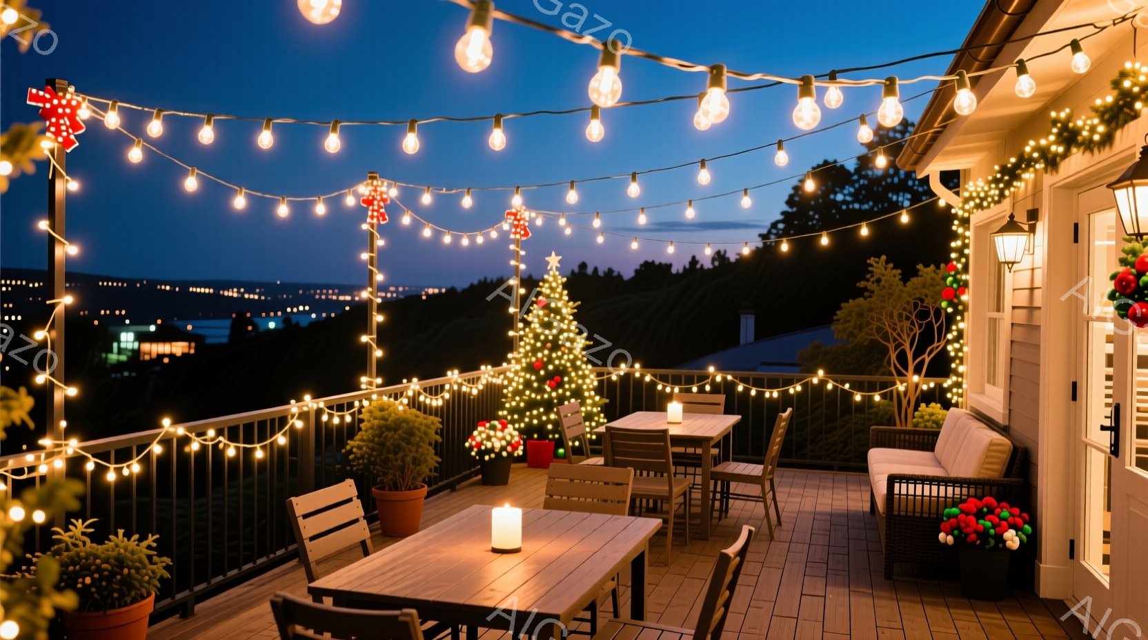 広々としたウッドデッキが、温かい光のストリングライトとクリスマス装飾で華やかに飾られています。背景には街の明かりが広がり、遠くには穏やかな丘陵地帯が見えます。暖炉や装飾されたクリスマスツリー、そして落ち着いた雰囲気の家具が、心地よい夜を過ごせる空間を作り出しています。