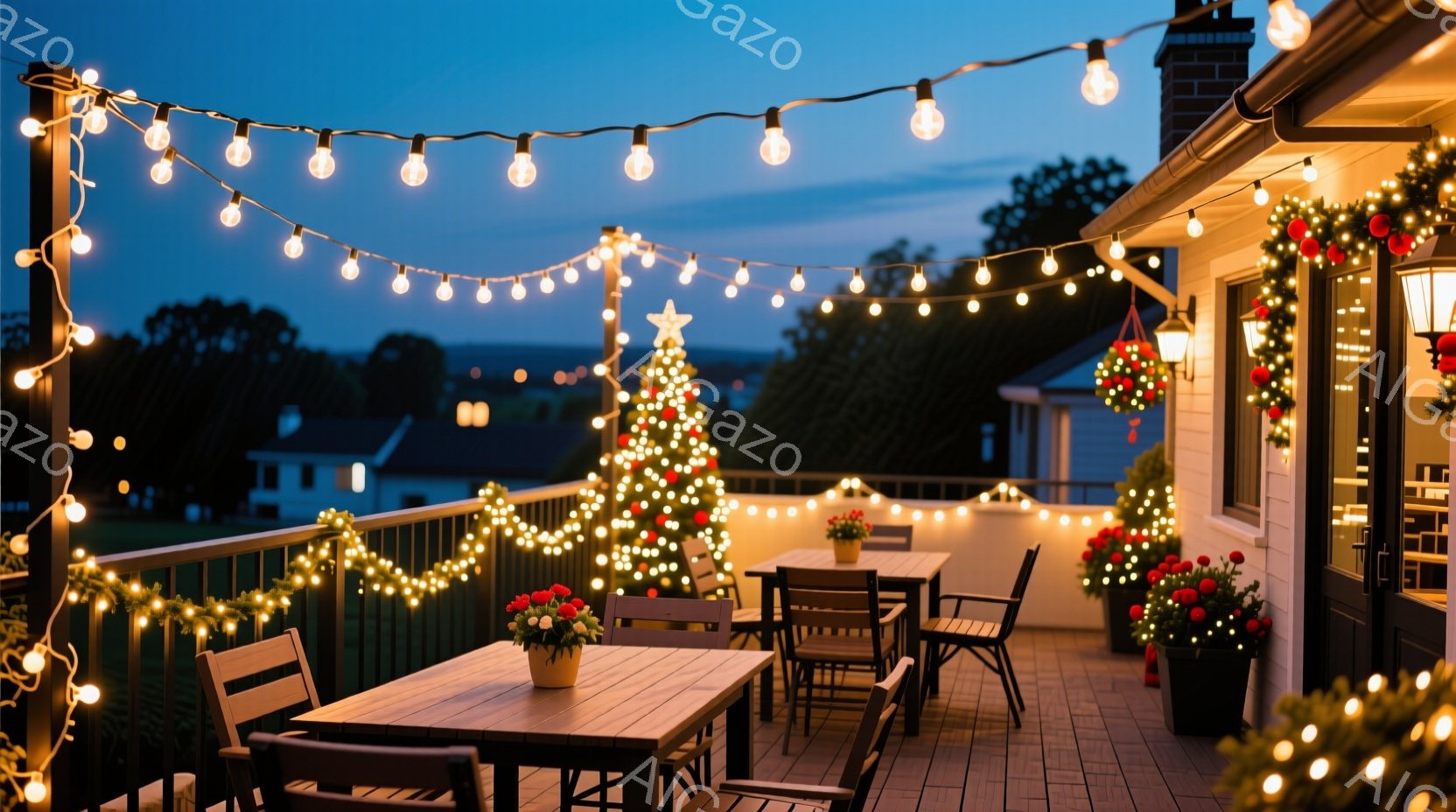 クリスマス装飾が施されたテラスが写っています。テーブルと椅子が配置され、背景にはイルミネーションで飾られたクリスマスツリーと建物が見え、夕暮れ時の空が広がっています。温かい光が広がり、穏やかで華やかなクリスマスの雰囲気を醸し出しています。