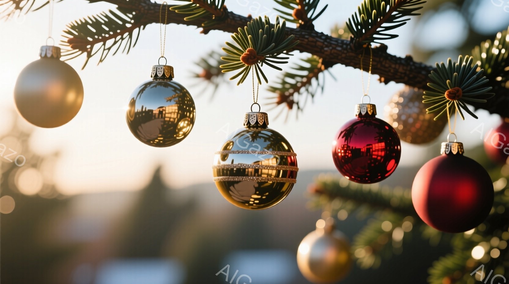 クリスマスツリーの枝に、赤、金、銀のオーナメントが飾られています。背景はぼやけており、夕焼けのような暖かい光が差し込んでいます。全体的に、温かく、華やかで、クリスマスの雰囲気が漂う写真です。