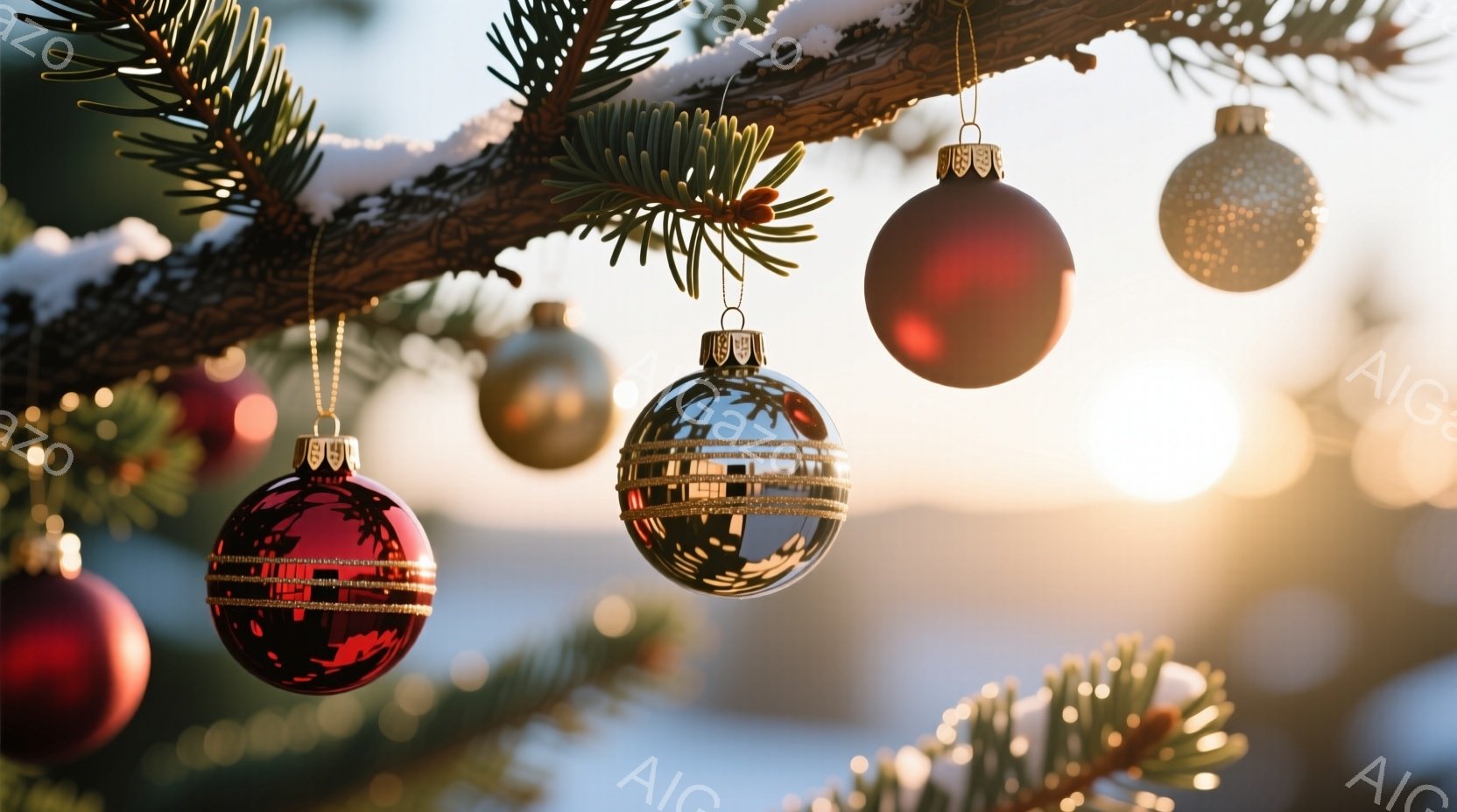 クリスマスツリーの枝に、赤、黒、金色のオーナメントがぶら下がっている。背景はぼやけており、夕焼けのような暖かい光が差し込んでいる様子が伺える。全体的に、温かく、穏やかなクリスマスの雰囲気が漂っている。